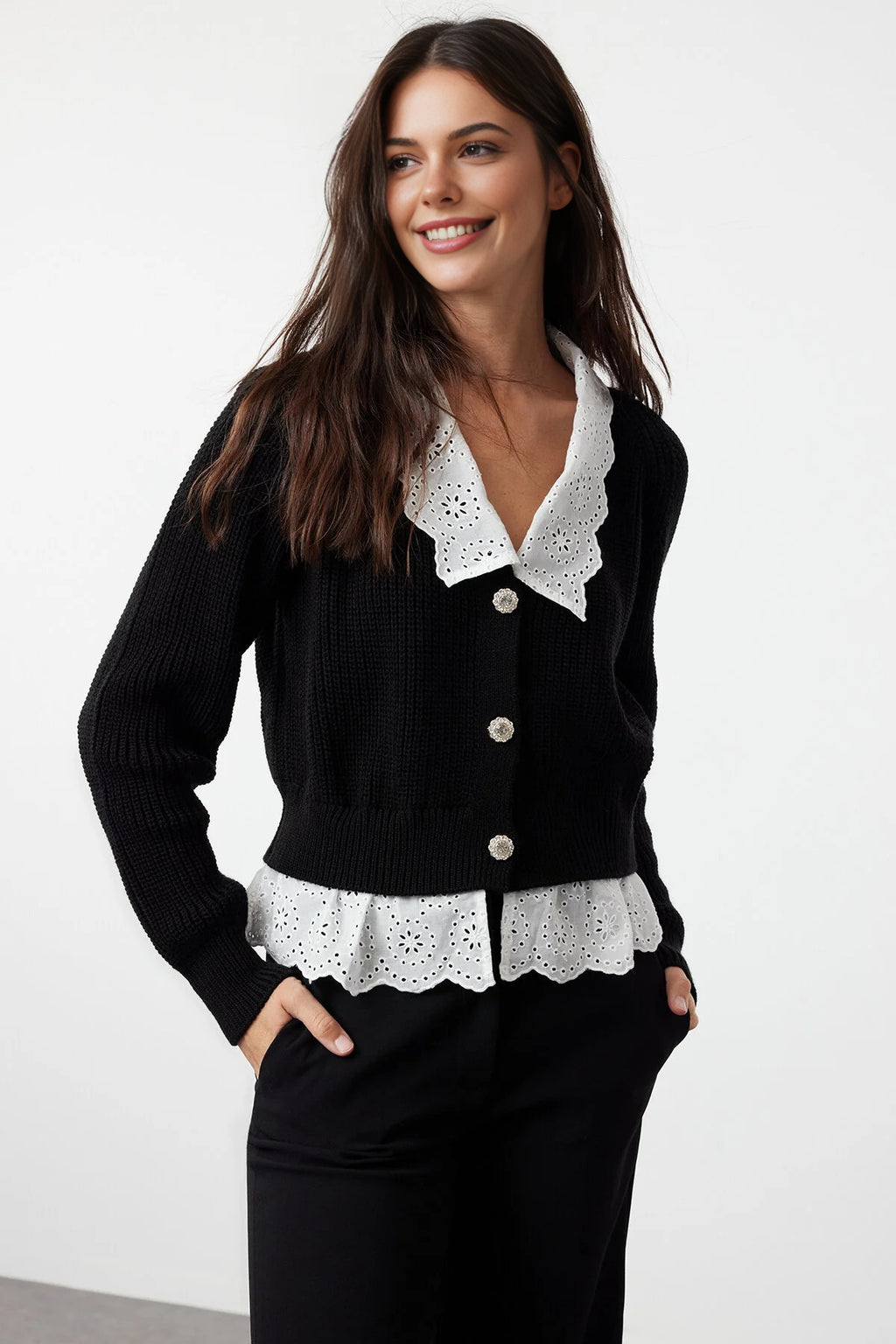Crop V-Neck Knit Cardigan with Shirt Garnish Detail