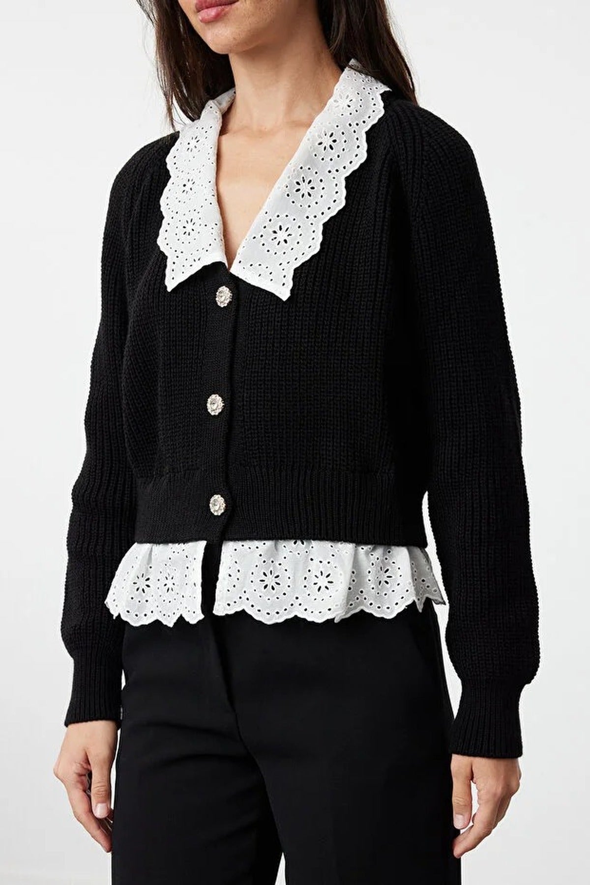 Crop V-Neck Knit Cardigan with Shirt Garnish Detail