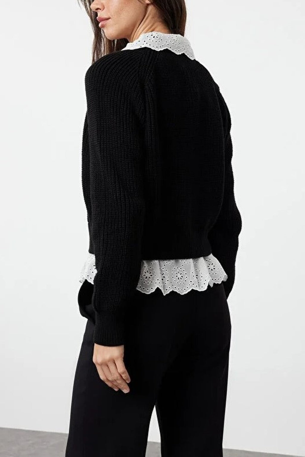 Crop V-Neck Knit Cardigan with Shirt Garnish Detail