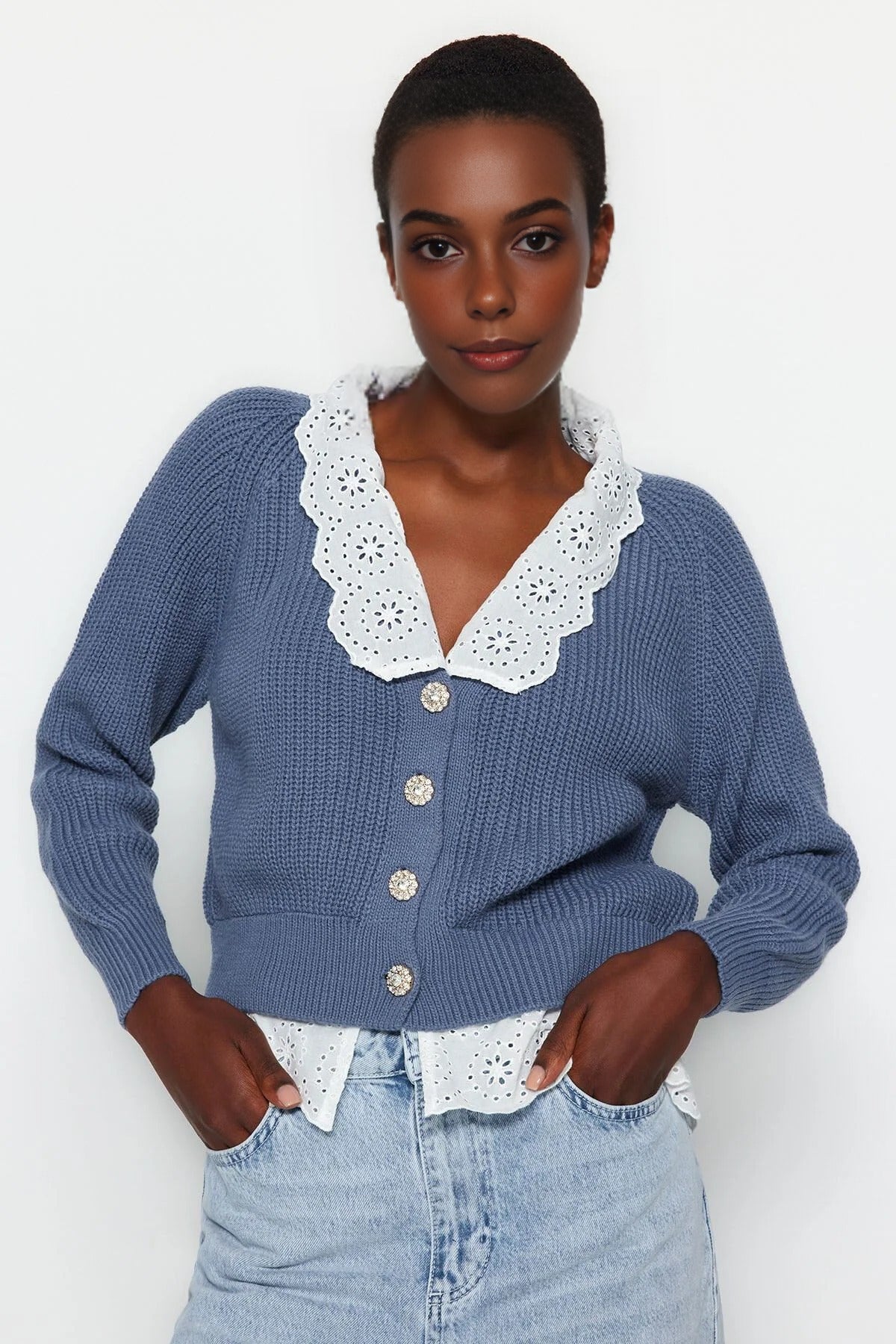 Crop V-Neck Knit Cardigan with Shirt Garnish Detail