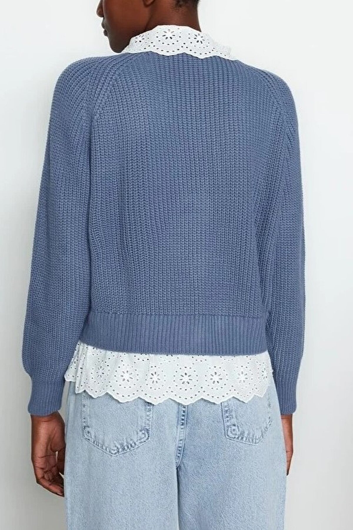 Crop V-Neck Knit Cardigan with Shirt Garnish Detail