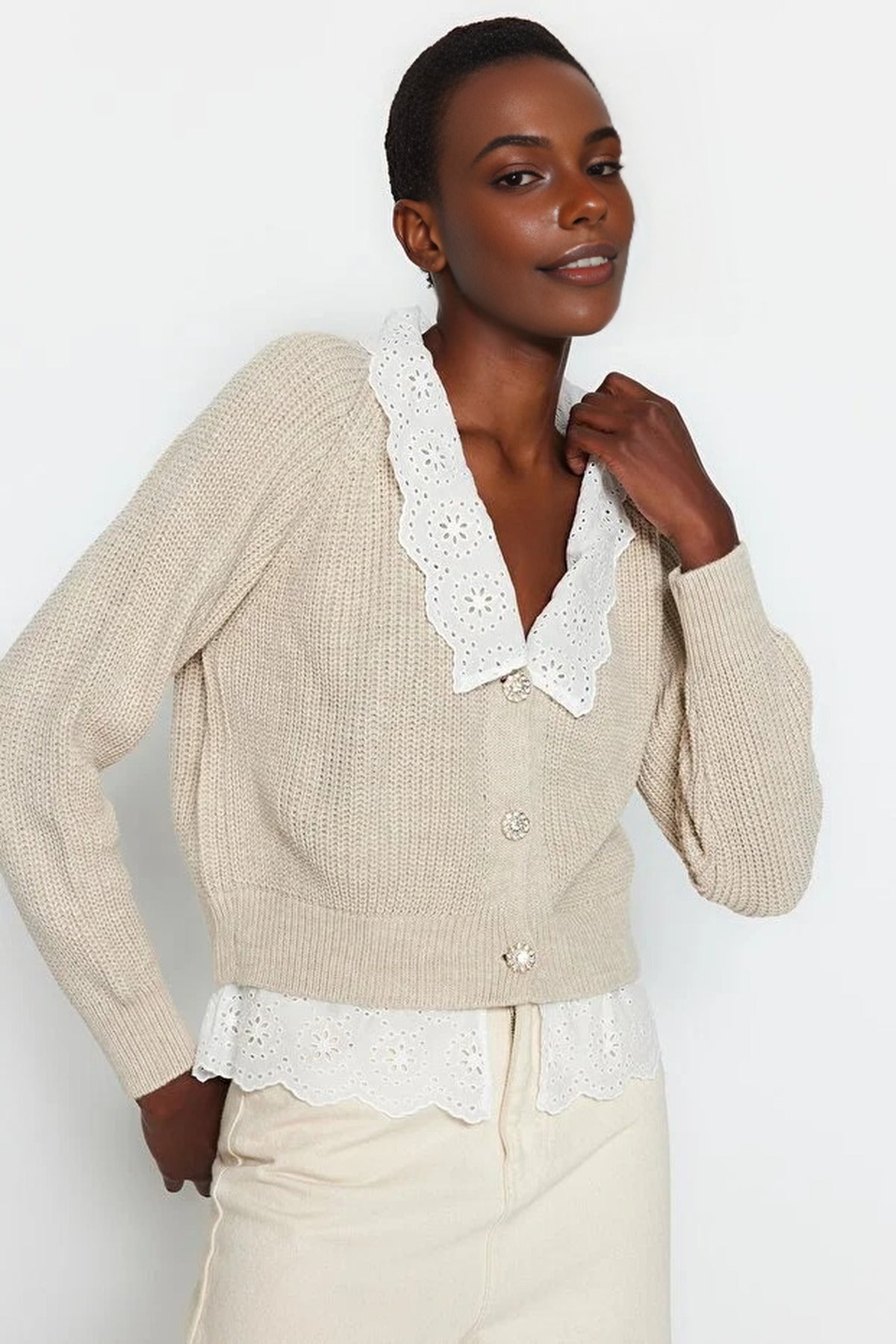 Crop V-Neck Knit Cardigan with Shirt Garnish Detail