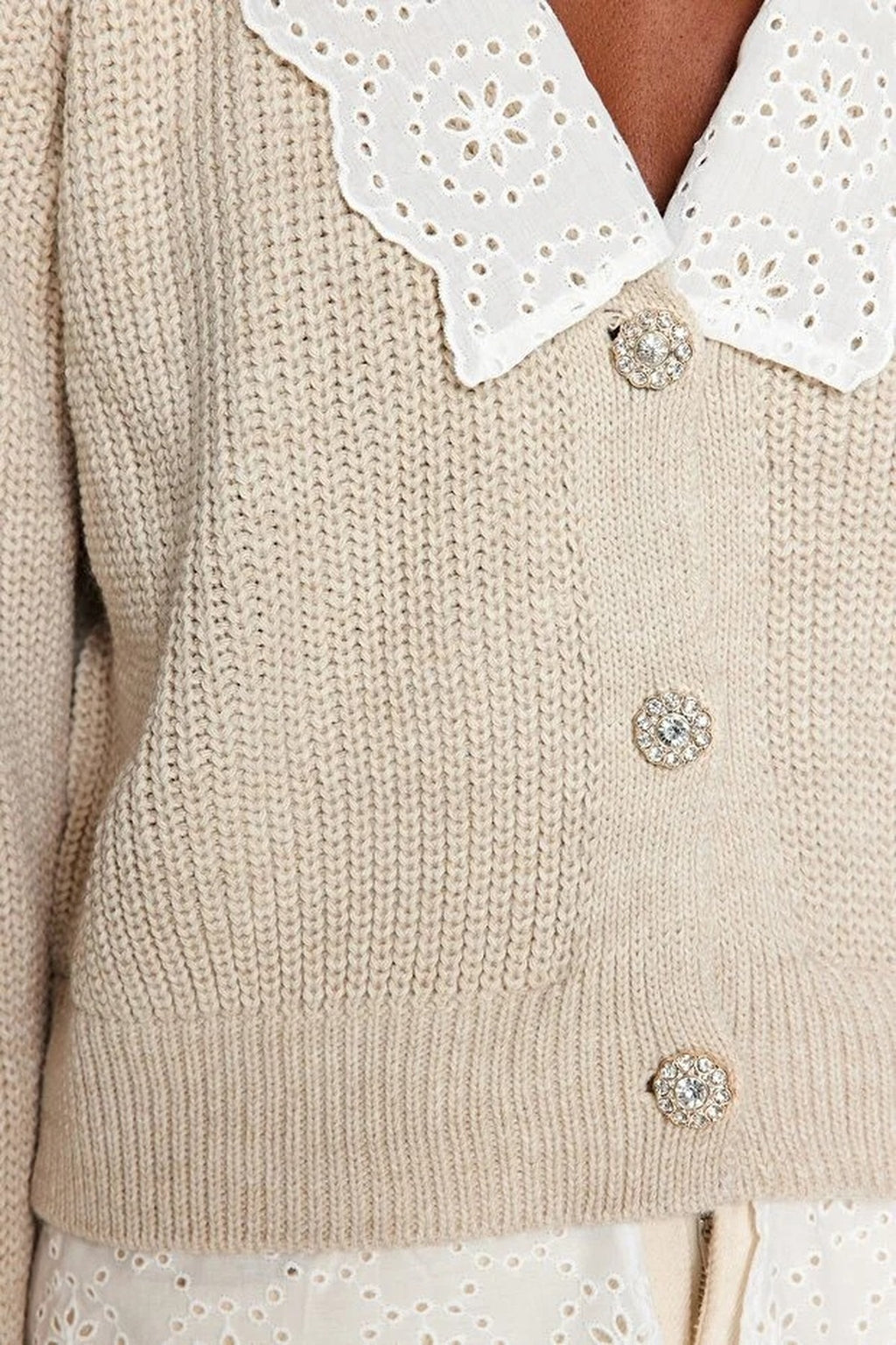 Crop V-Neck Knit Cardigan with Shirt Garnish Detail