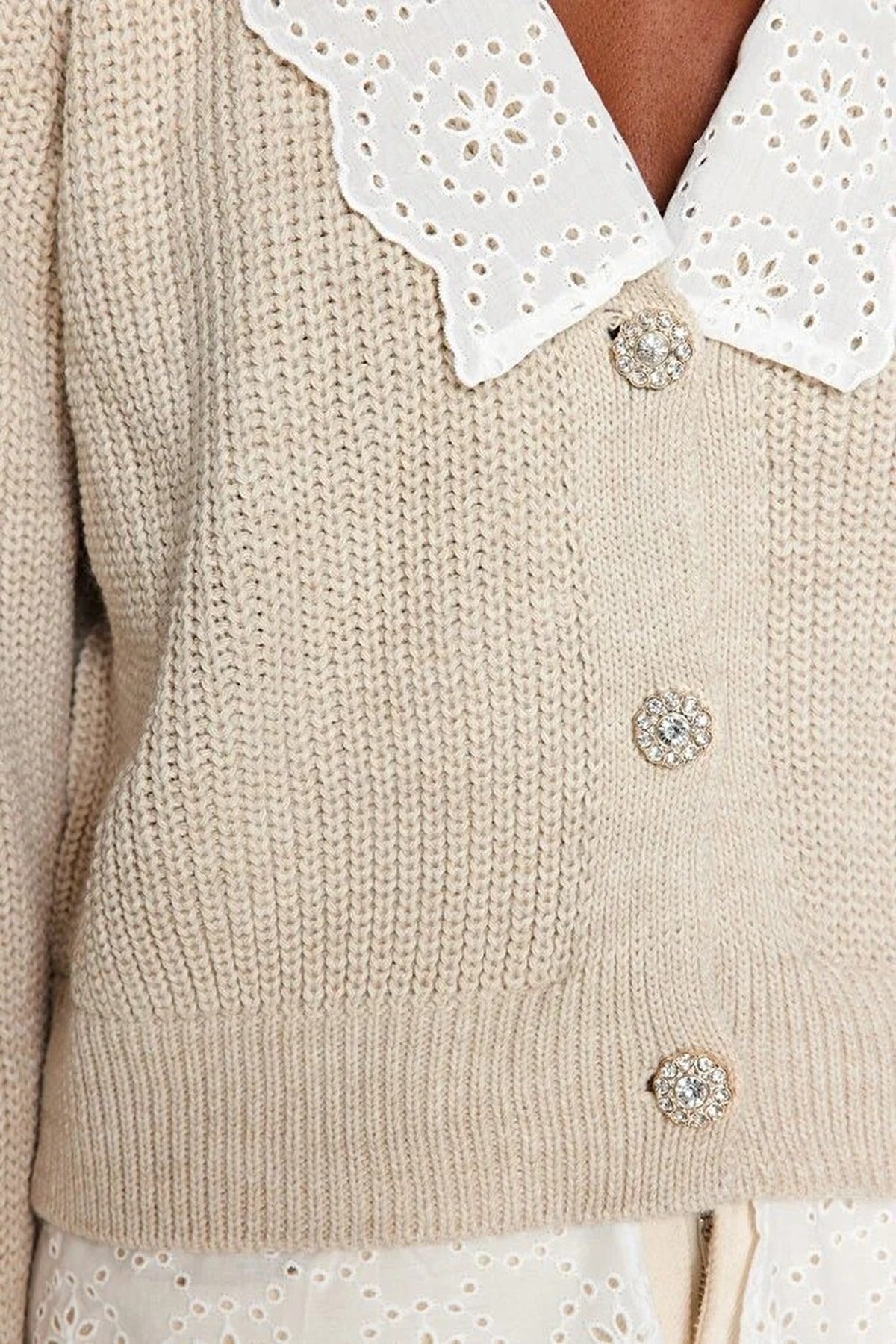 Crop V-Neck Knit Cardigan with Shirt Garnish Detail