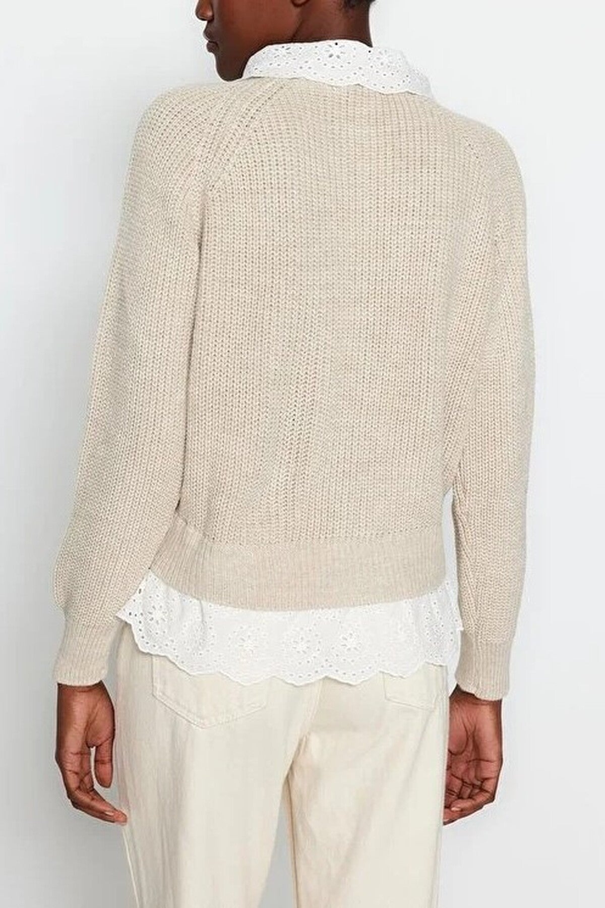 Crop V-Neck Knit Cardigan with Shirt Garnish Detail
