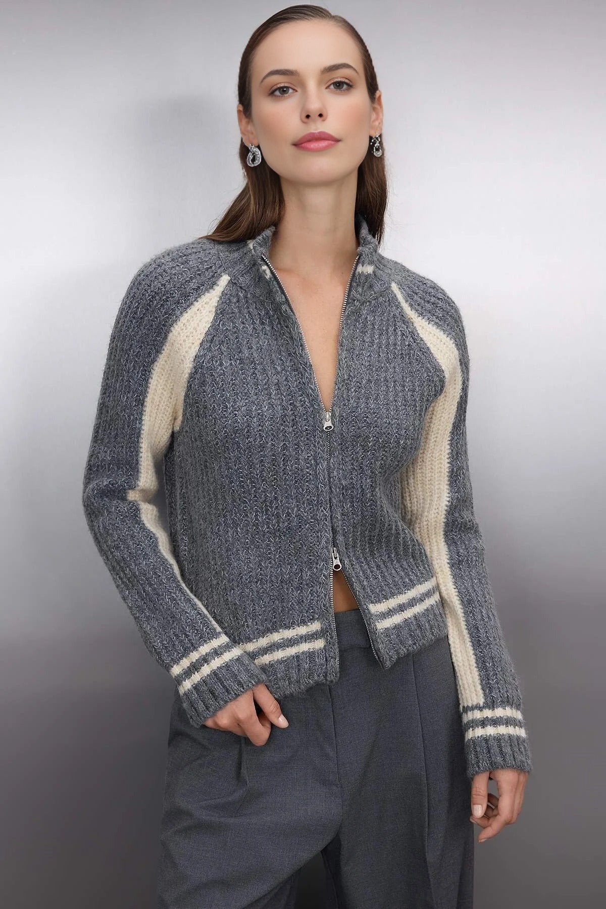 Soft Textured Knit Cardigan with Zipper Detail