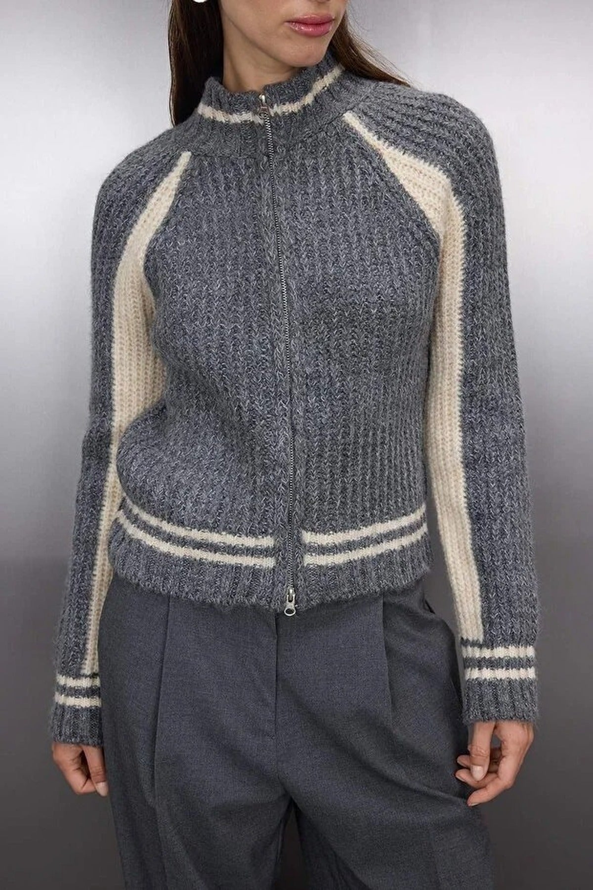 Soft Textured Knit Cardigan with Zipper Detail