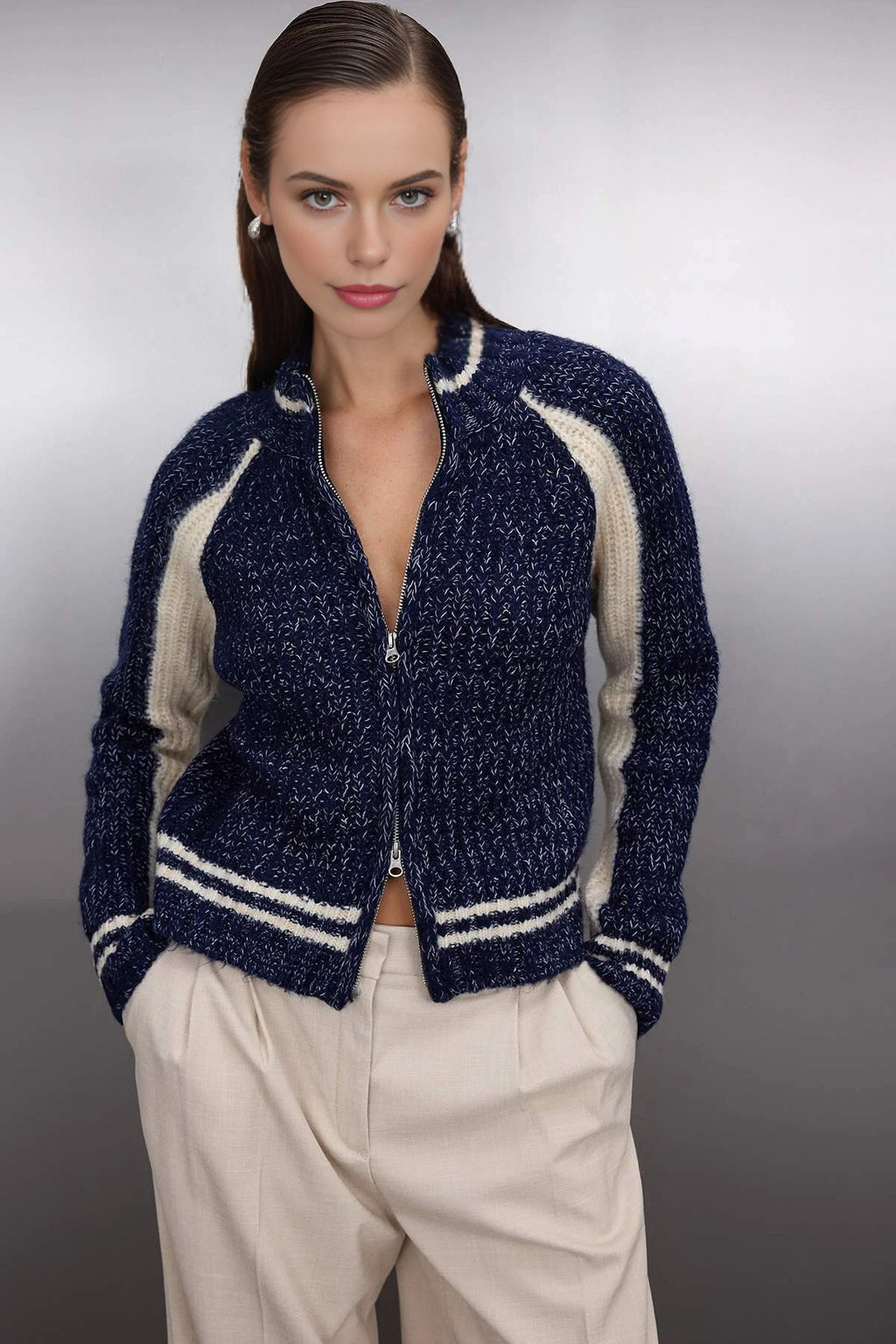 Soft Textured Knit Cardigan with Zipper Detail
