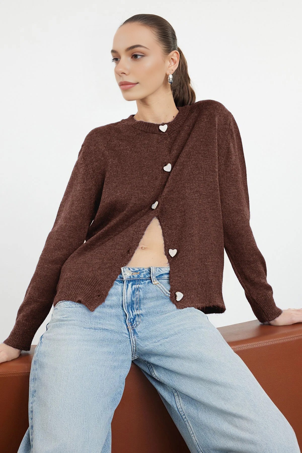 Soft-Textured Knit Cardigan with Jewelry Button Detail