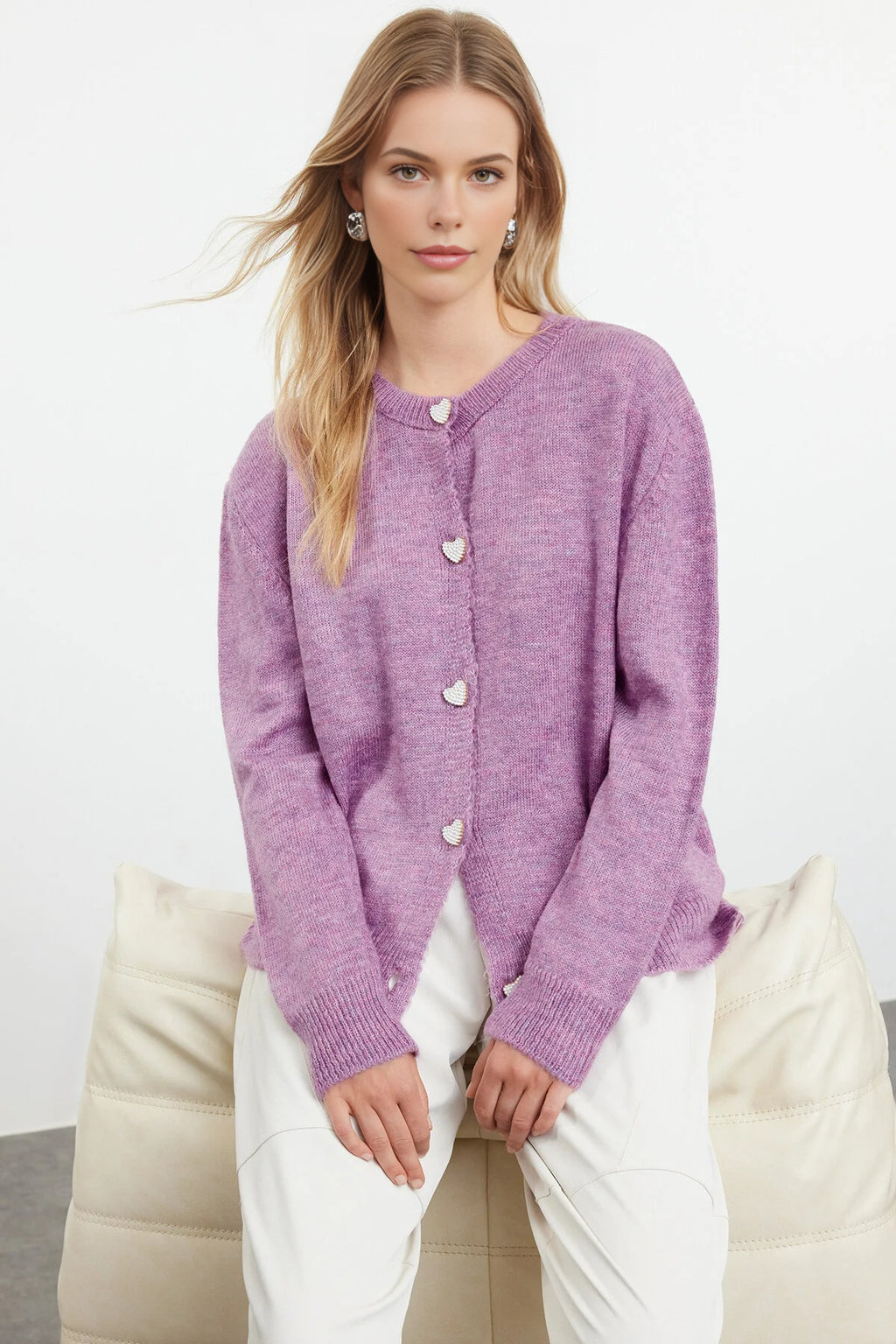 Soft-Textured Knit Cardigan with Jewelry Button Detail