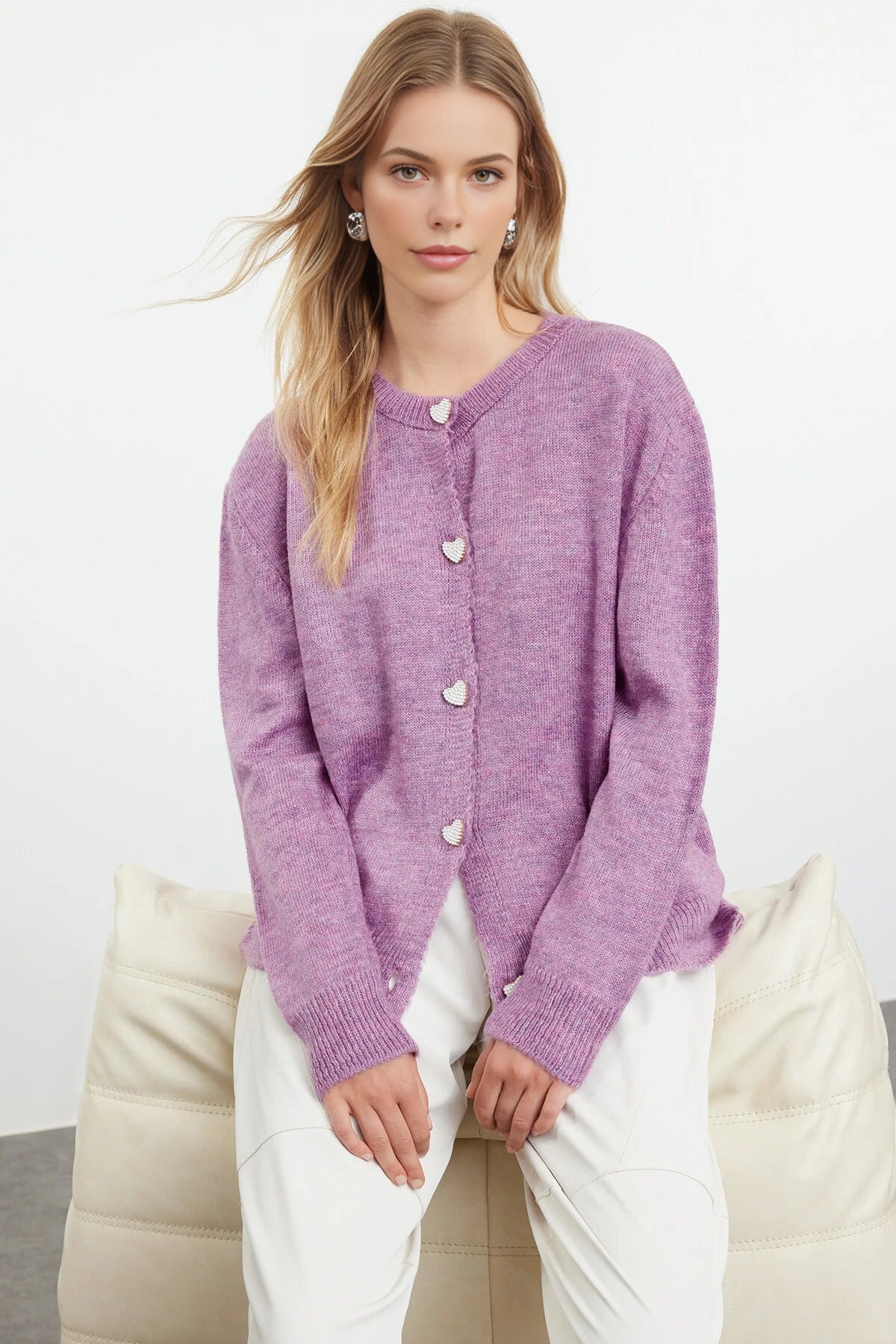 Soft-Textured Knit Cardigan with Jewelry Button Detail