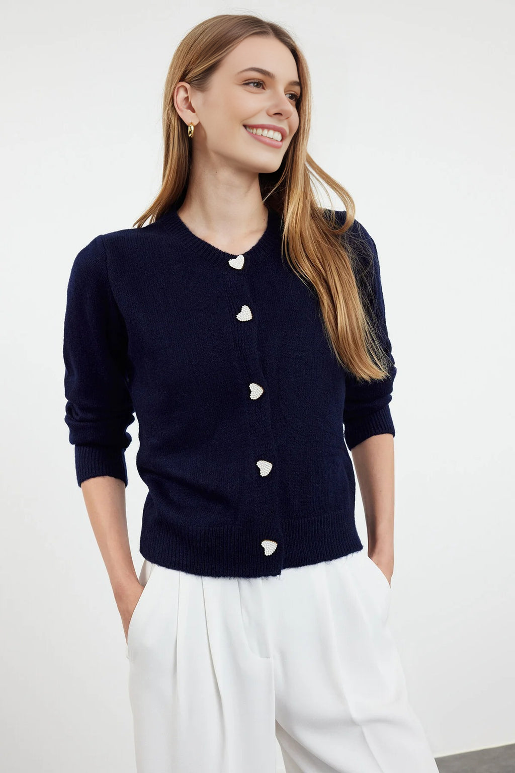 Soft-Textured Knit Cardigan with Jewelry Button Detail
