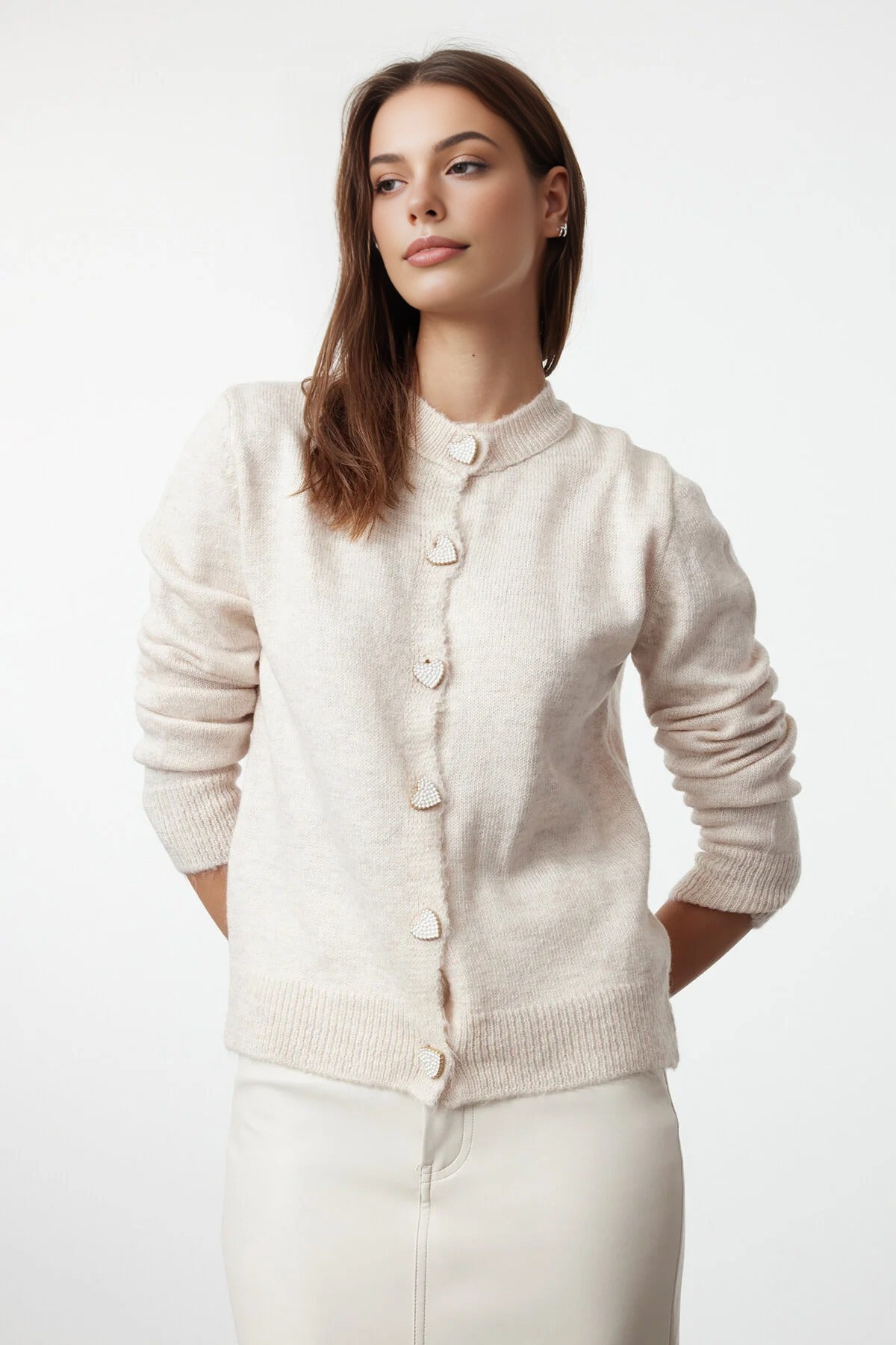 Soft-Textured Knit Cardigan with Jewelry Button Detail