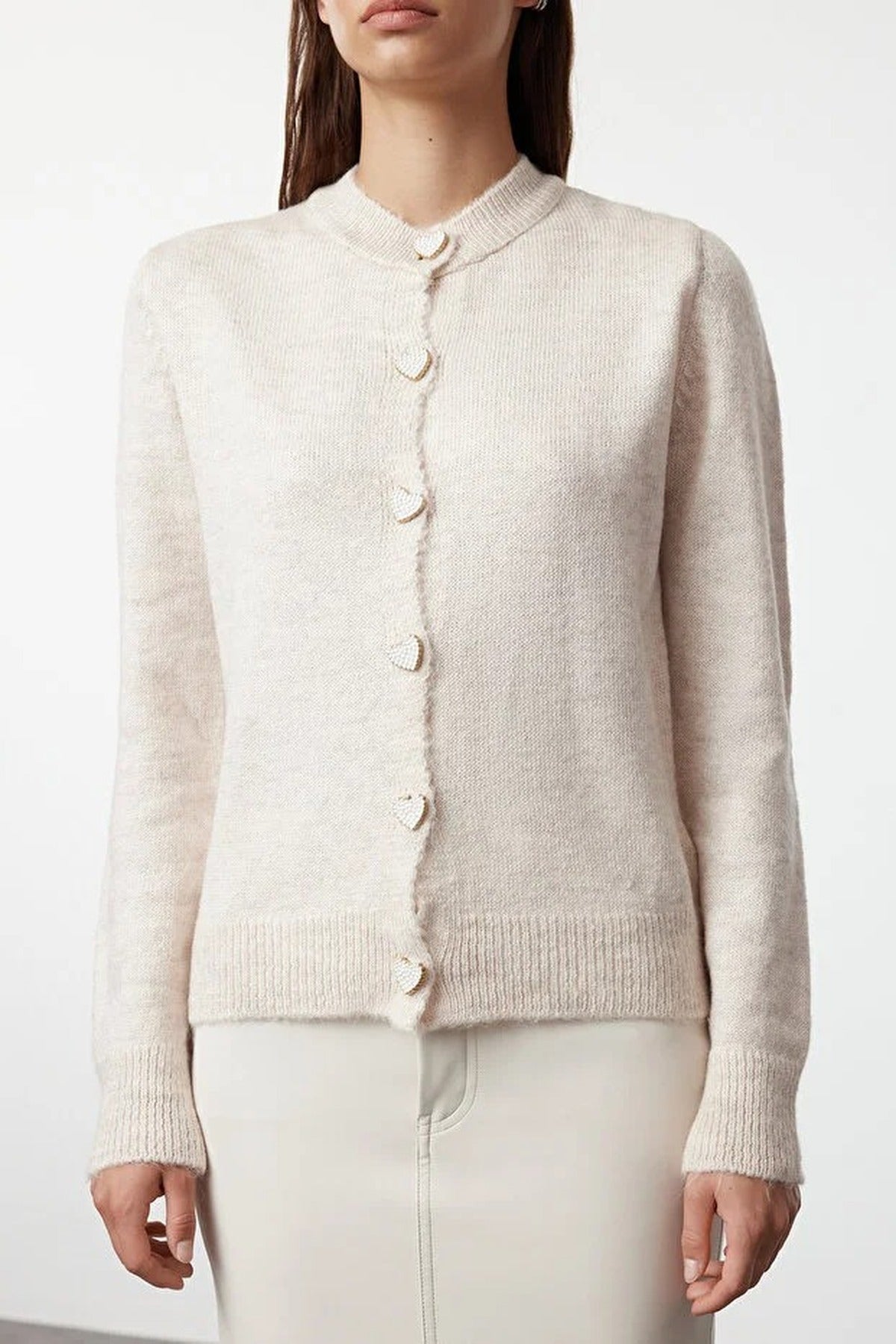 Soft-Textured Knit Cardigan with Jewelry Button Detail