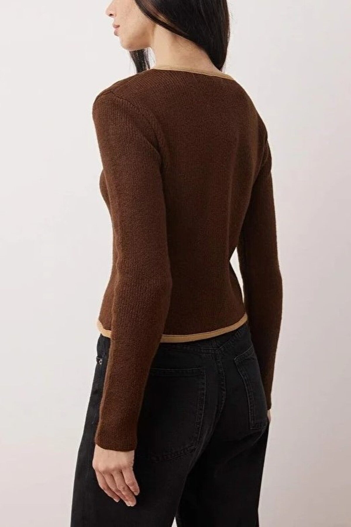 Crop Knit Cardigan with Ribbon Buttons Detail