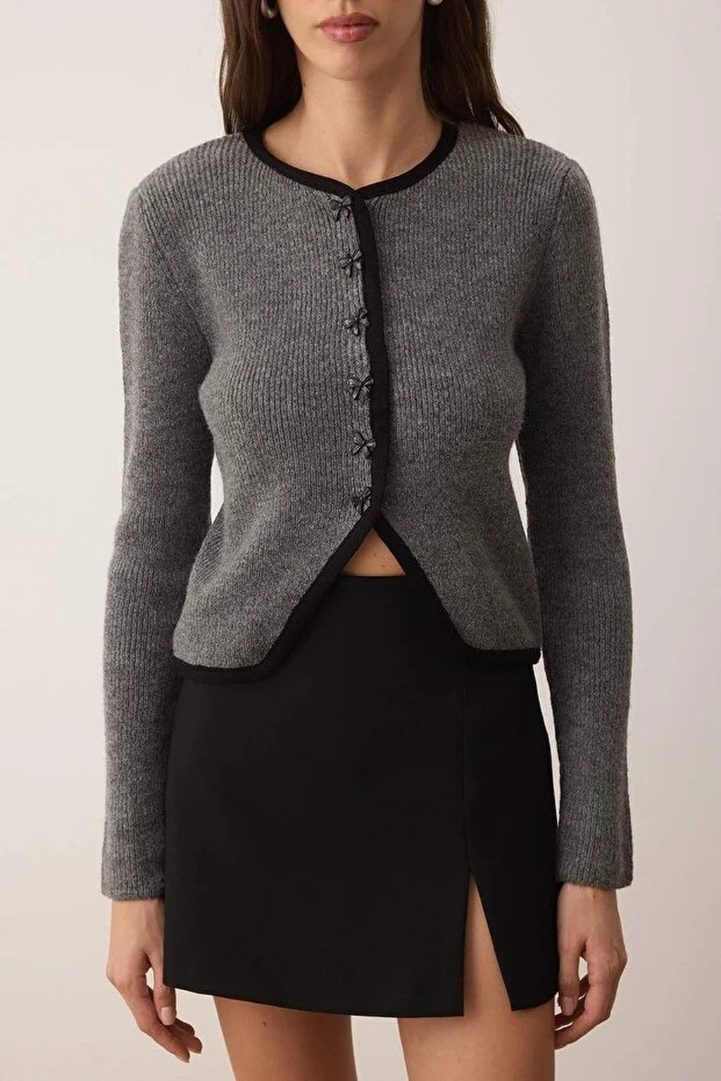 Crop Knit Cardigan with Ribbon Buttons Detail