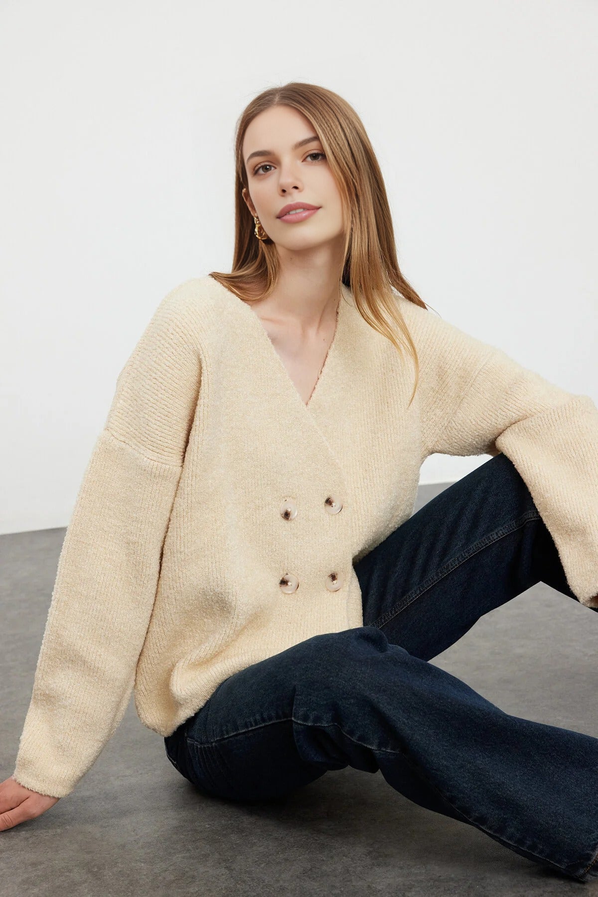 Soft Textured Double-Breasted Knit Cardigan