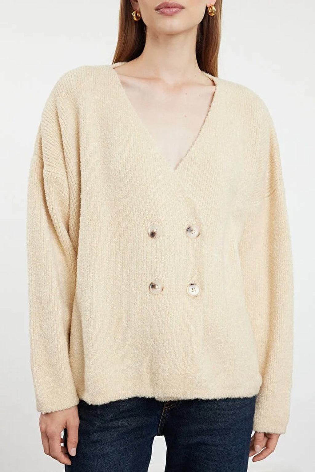 Soft Textured Double-Breasted Knit Cardigan