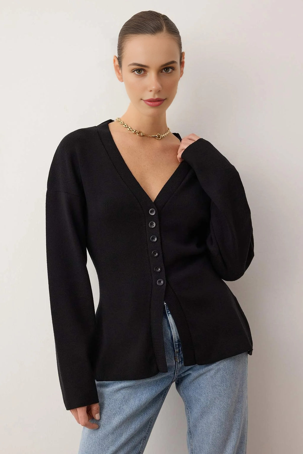 V-Neck Mercerized Look Premium Yarn Knit Cardigan