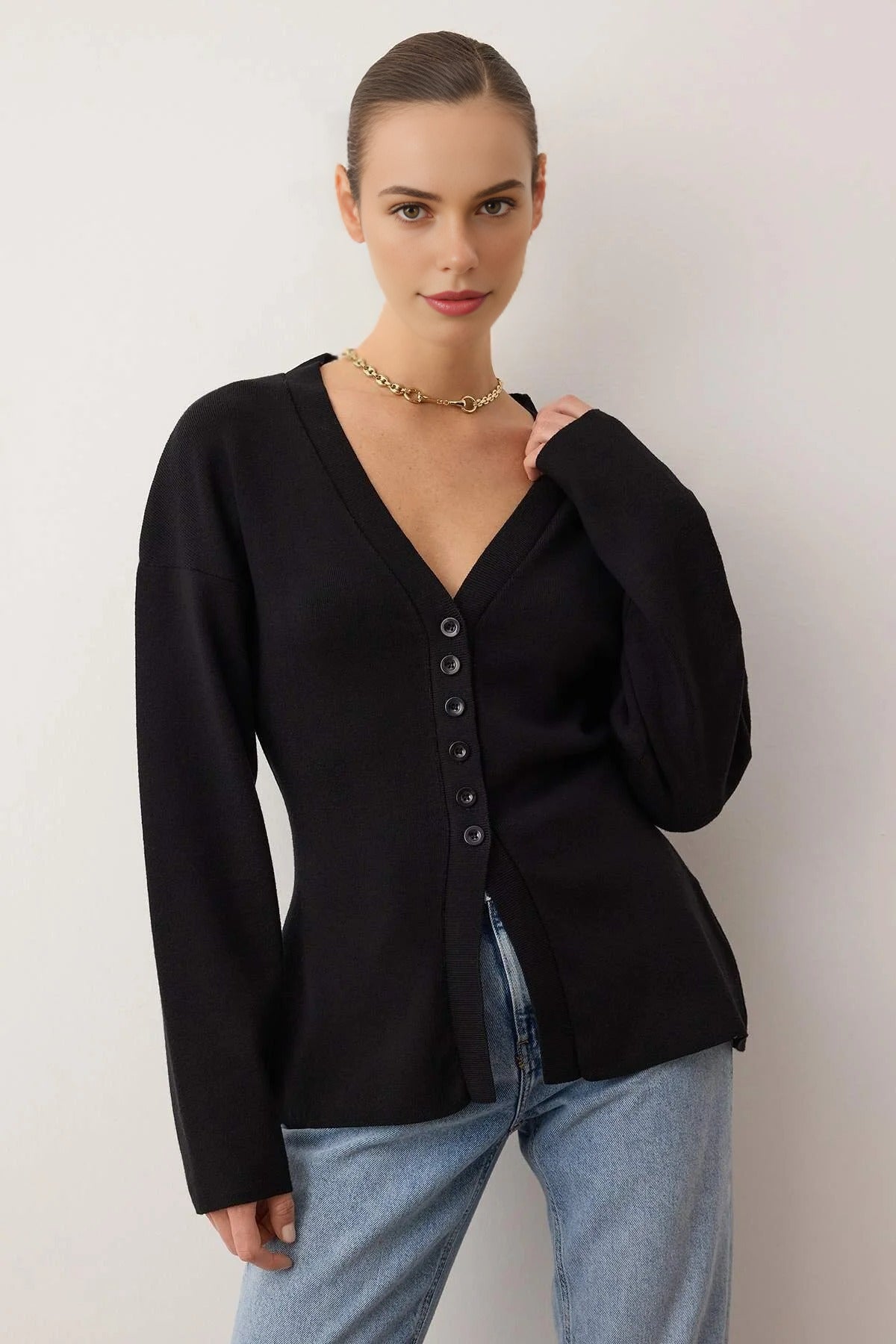 V-Neck Mercerized Look Premium Yarn Knit Cardigan
