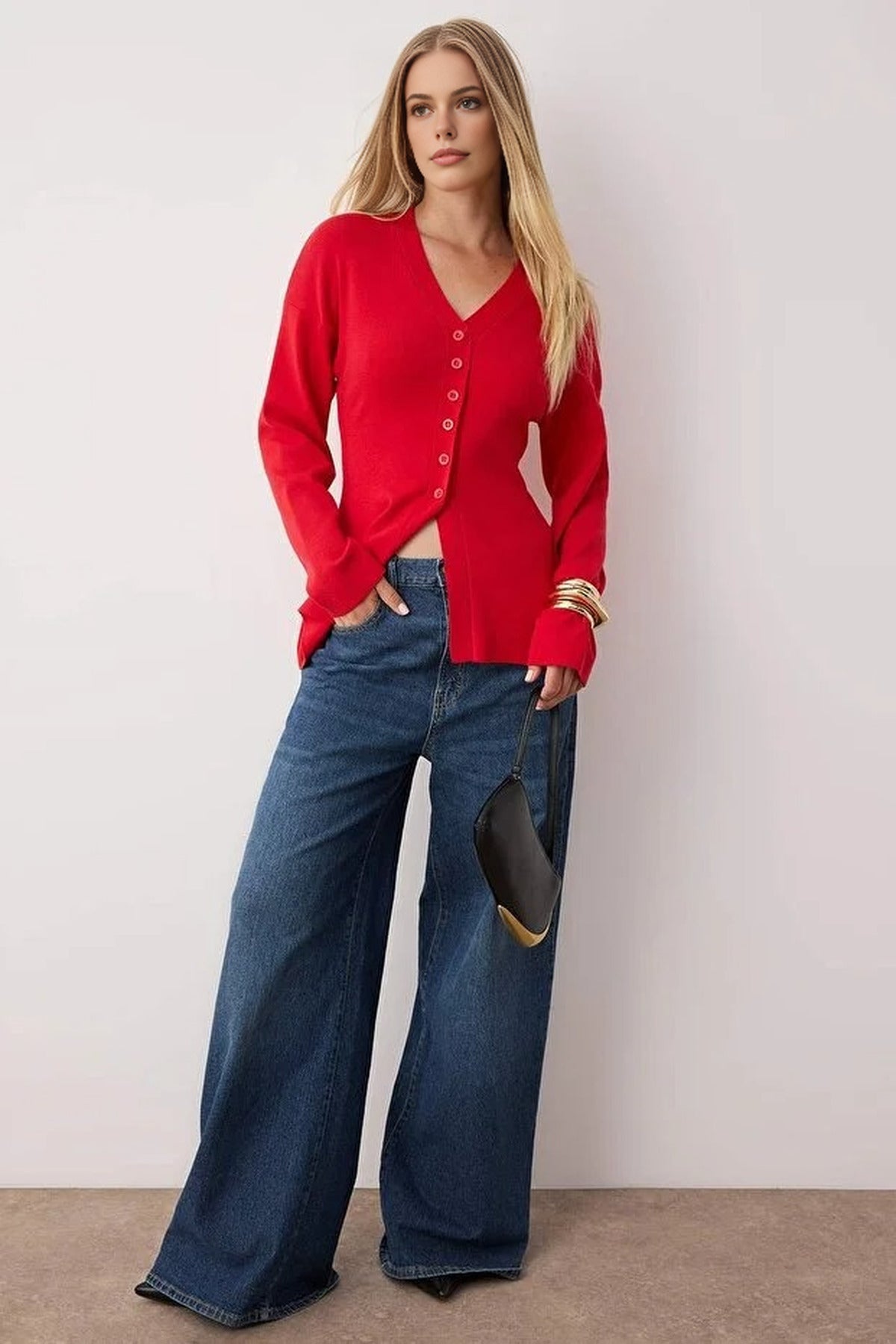 V-Neck Mercerized Look Premium Yarn Knit Cardigan