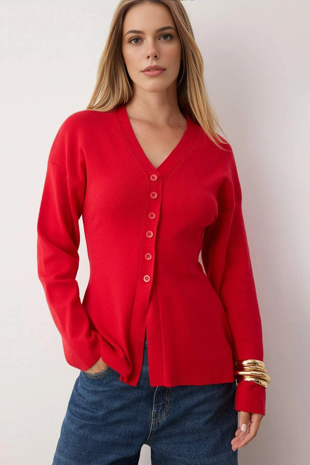 V-Neck Mercerized Look Premium Yarn Knit Cardigan