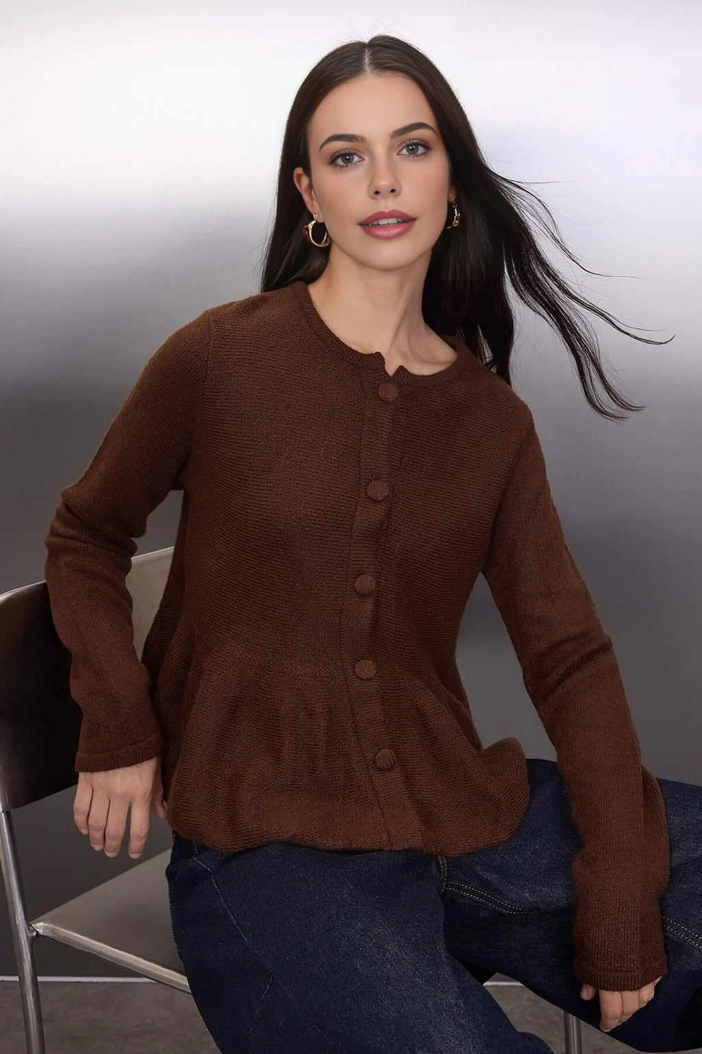 Crew Neck Flounced Hem Knit Cardigan