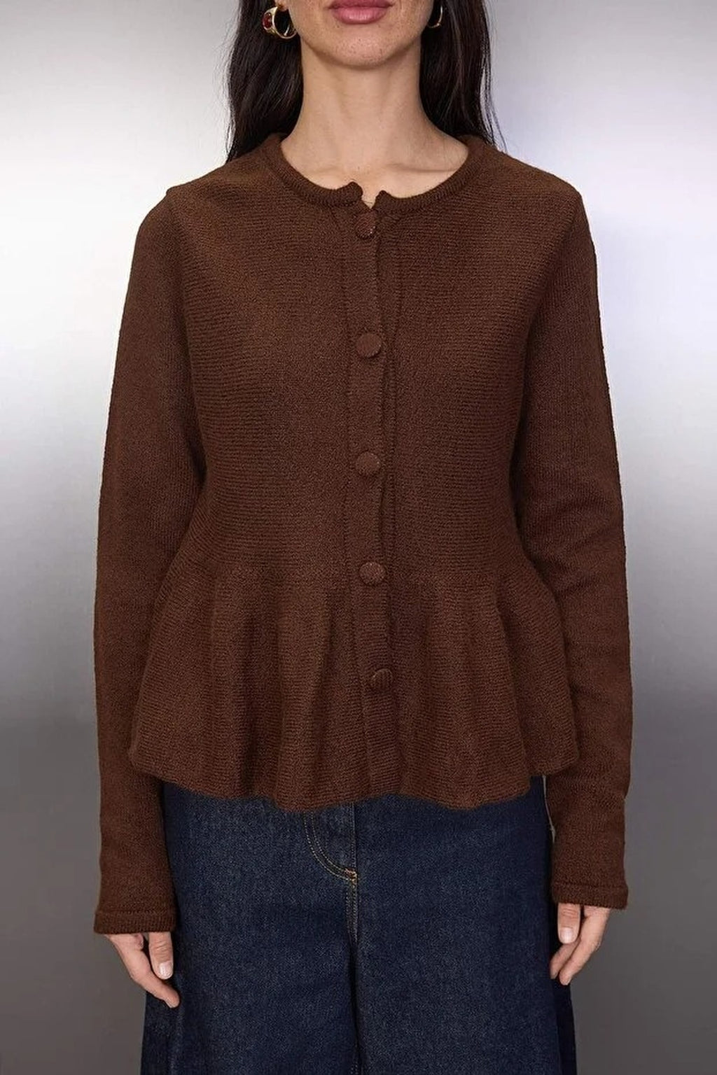 Crew Neck Flounced Hem Knit Cardigan