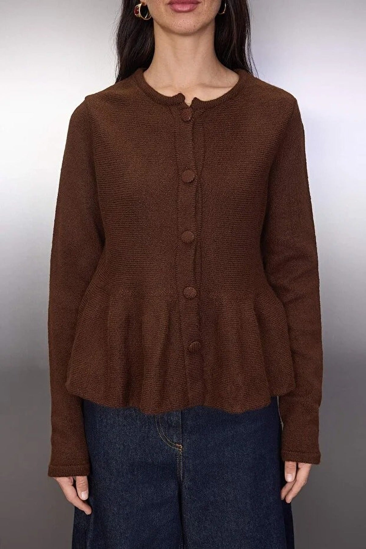 Crew Neck Flounced Hem Knit Cardigan