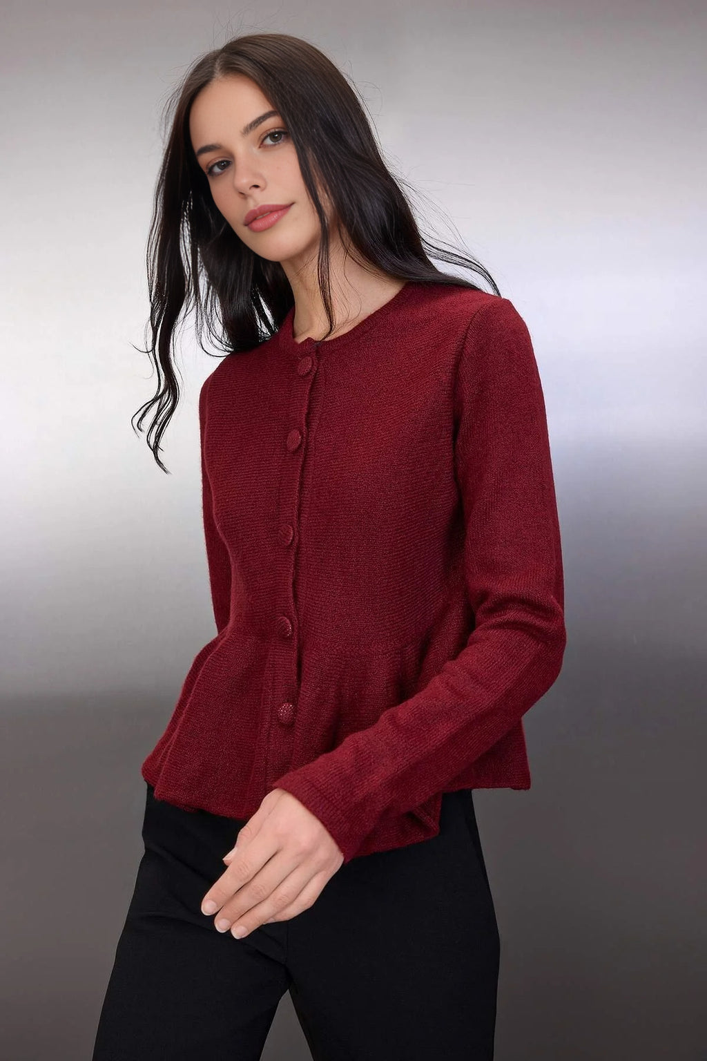 Crew Neck Flounced Hem Knit Cardigan