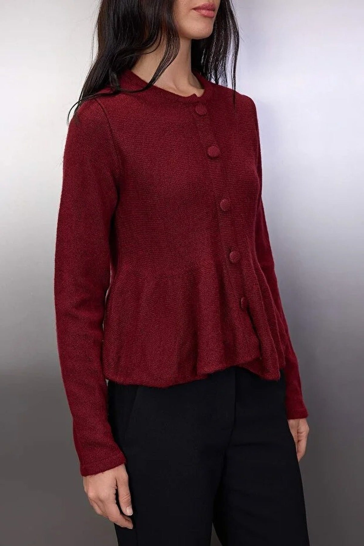 Crew Neck Flounced Hem Knit Cardigan