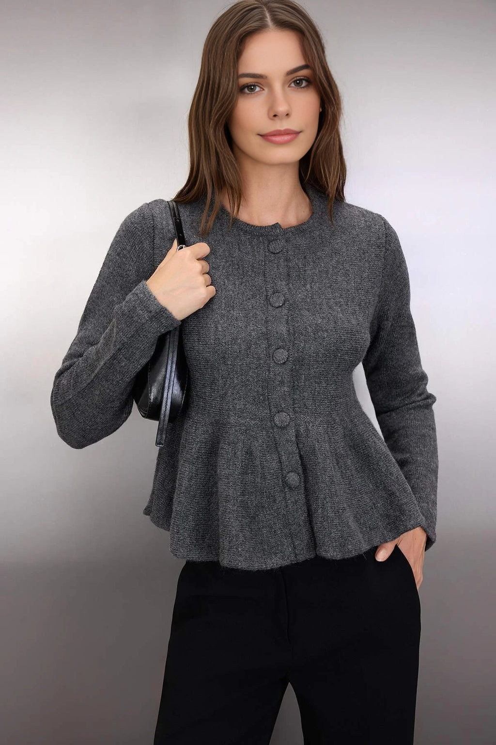 Crew Neck Flounced Hem Knit Cardigan