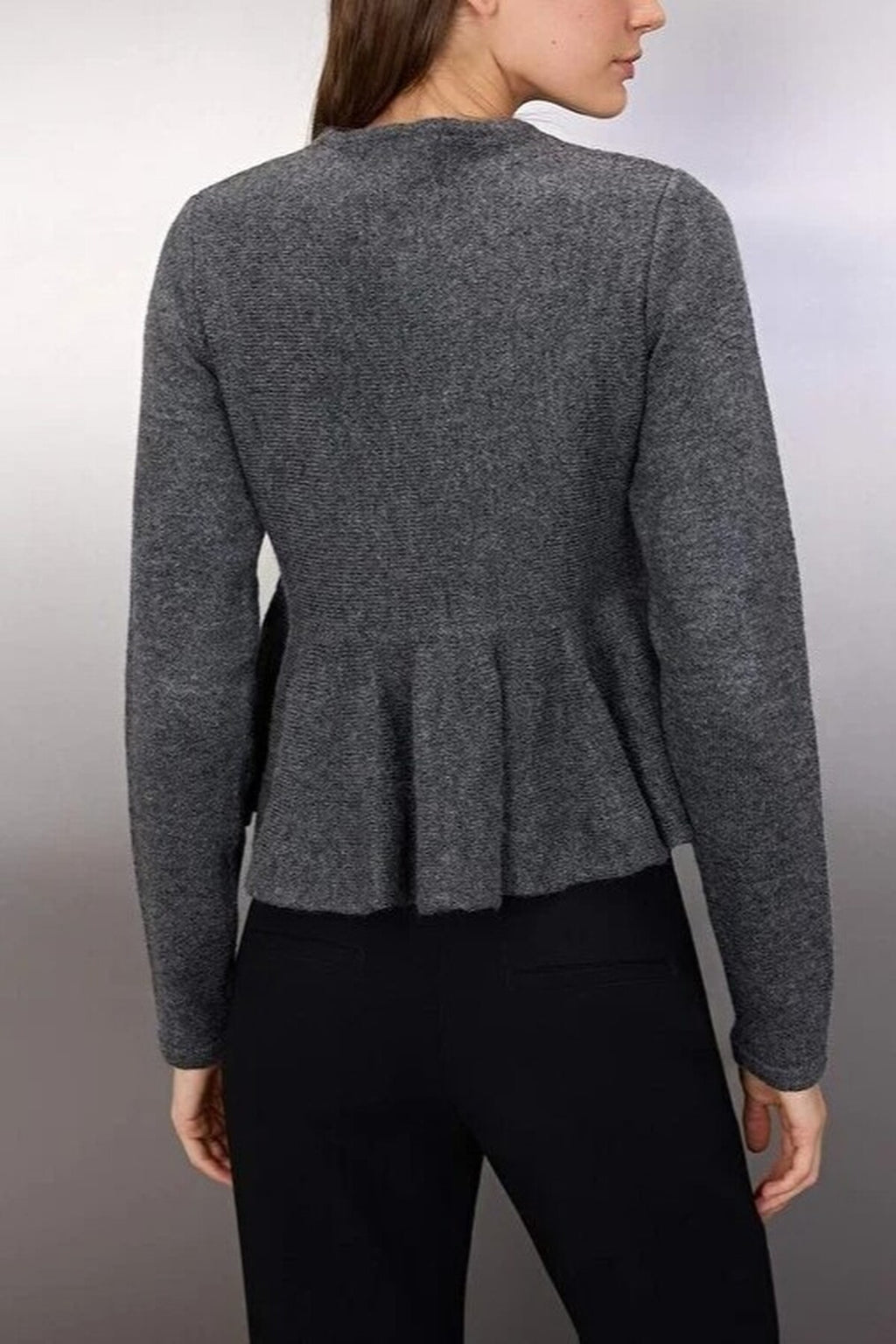 Crew Neck Flounced Hem Knit Cardigan