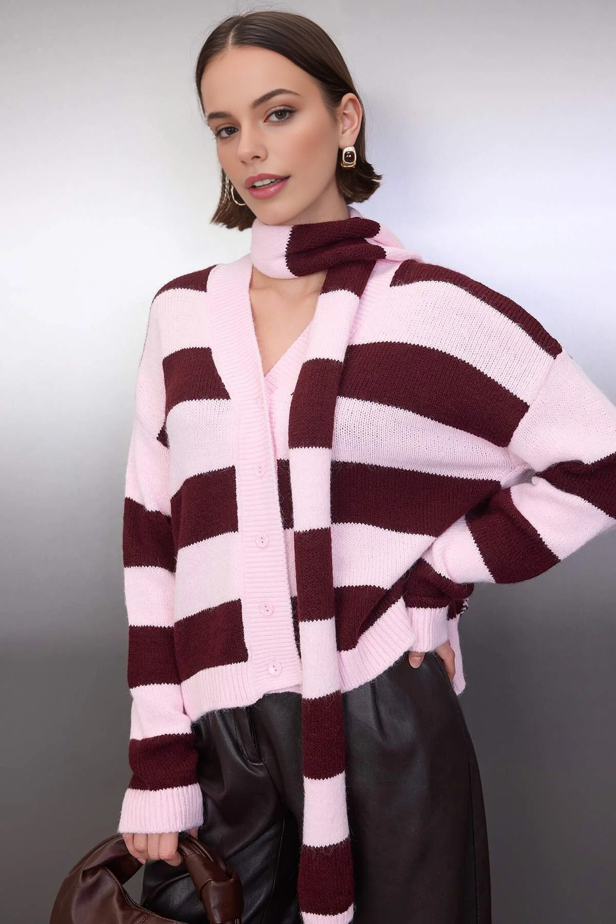 Soft-Textured Oversize V-Neck Knit Cardigan with Shawl Detail