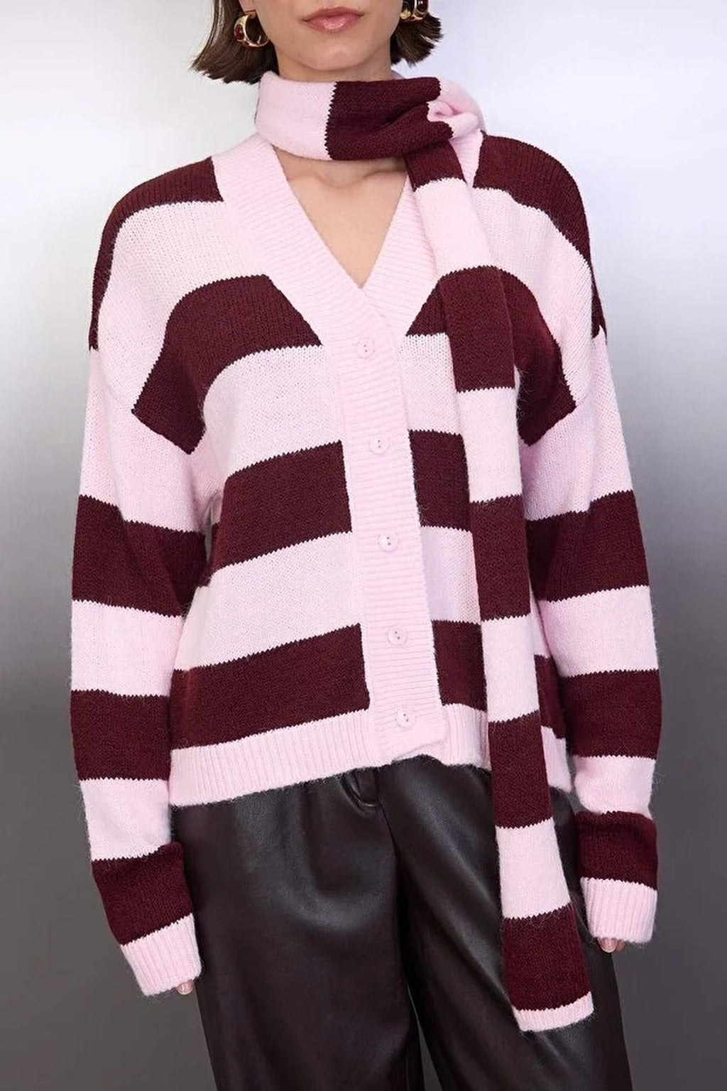 Soft-Textured Oversize V-Neck Knit Cardigan with Shawl Detail