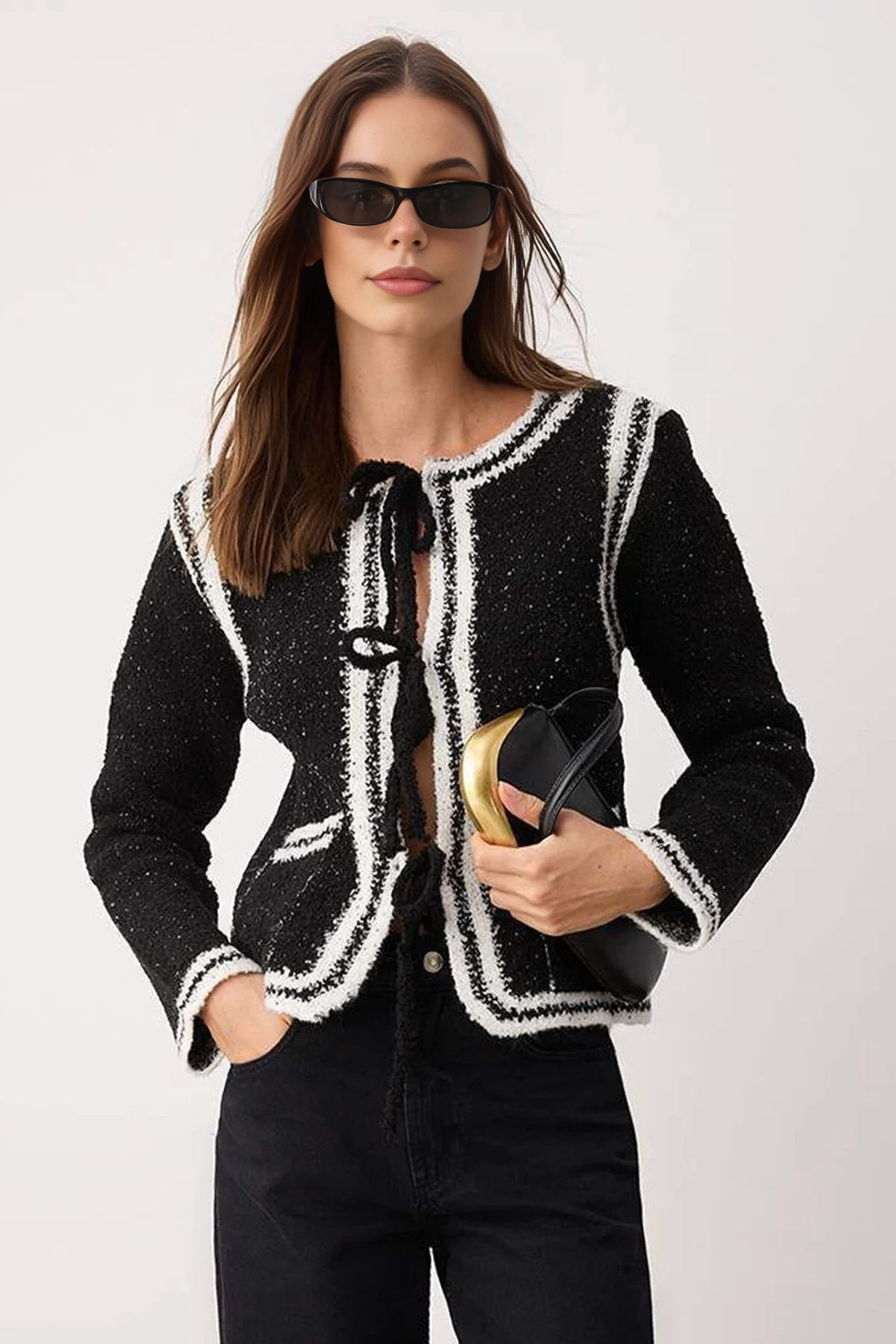 Color Block Glittery Knit Cardigan with Embroidered Detail