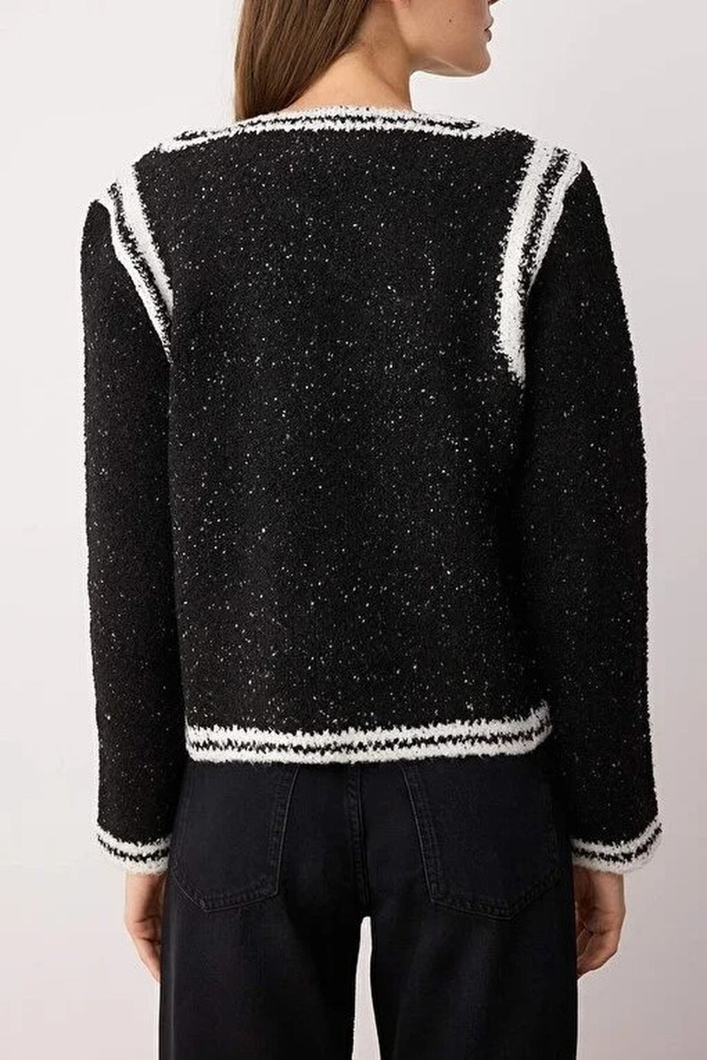 Color Block Glittery Knit Cardigan with Embroidered Detail