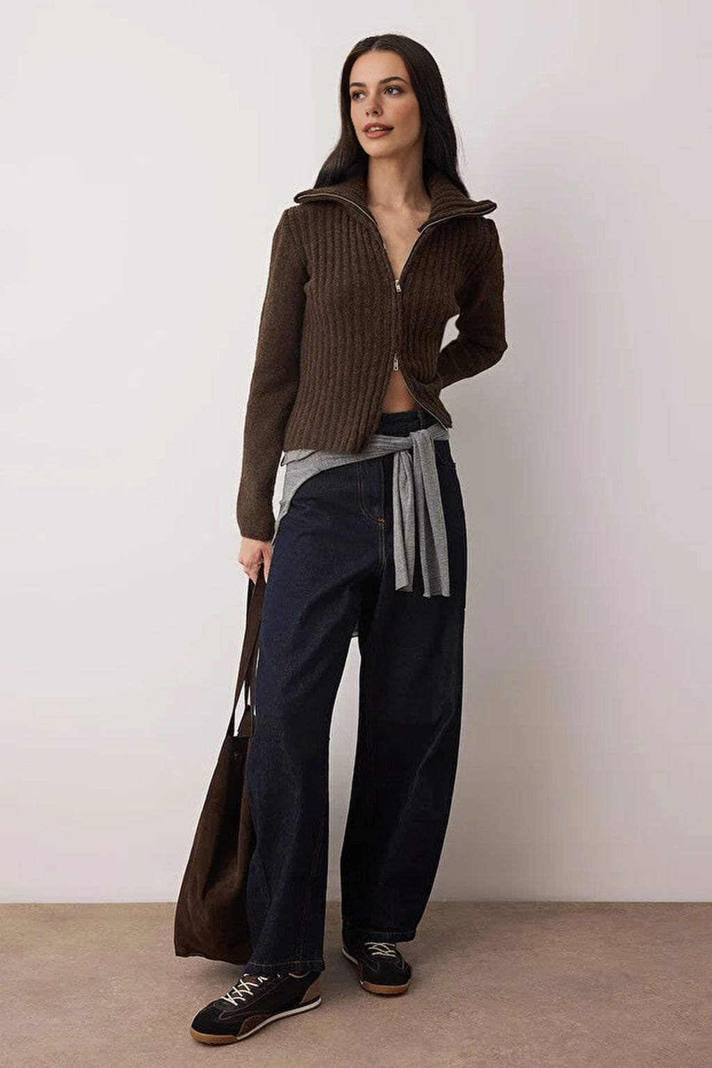 Wool Blended Beard Yarn Zippered Knit Cardigan