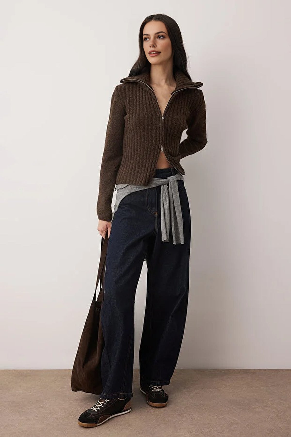 Wool Blended Beard Yarn Zippered Knit Cardigan