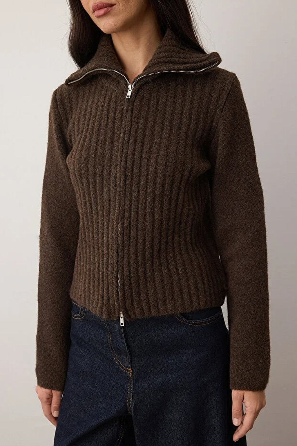 Wool Blended Beard Yarn Zippered Knit Cardigan