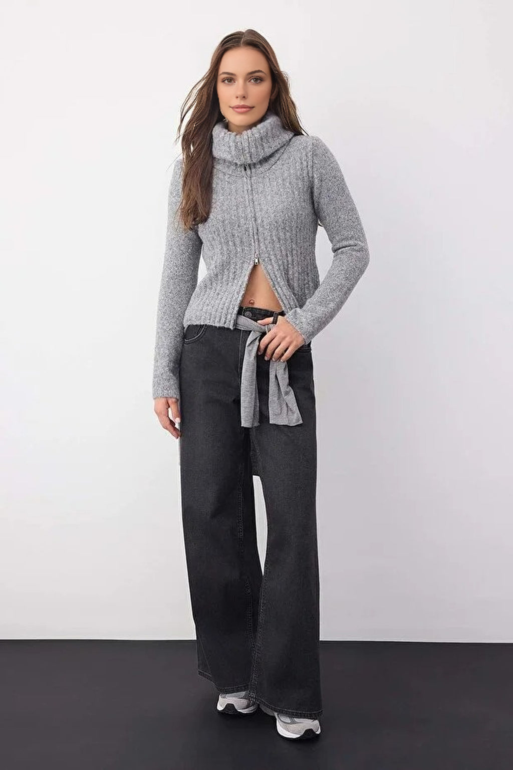 Wool Blended Beard Yarn Zippered Knit Cardigan