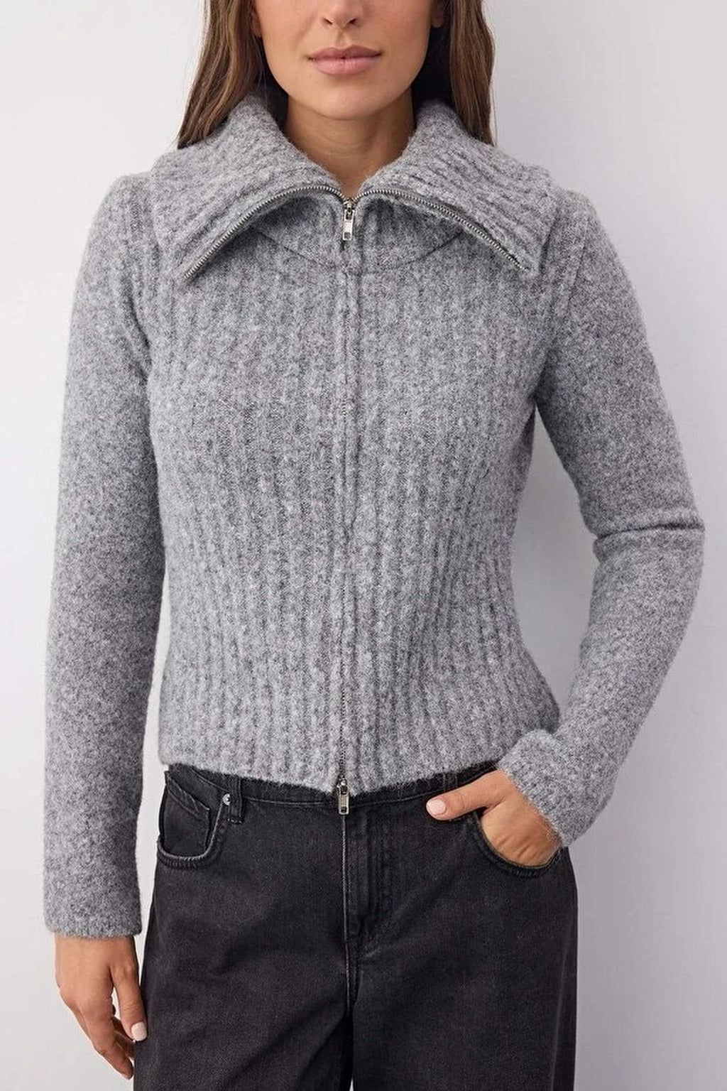 Wool Blended Beard Yarn Zippered Knit Cardigan