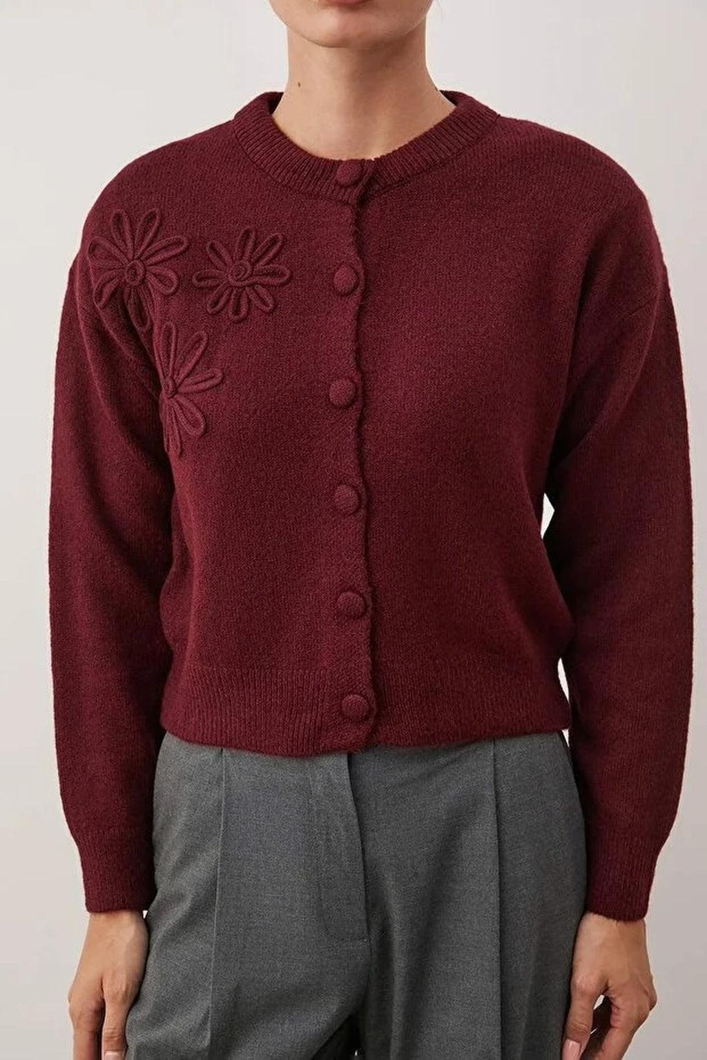 Soft Textured Floral Patterned Knit Cardigan