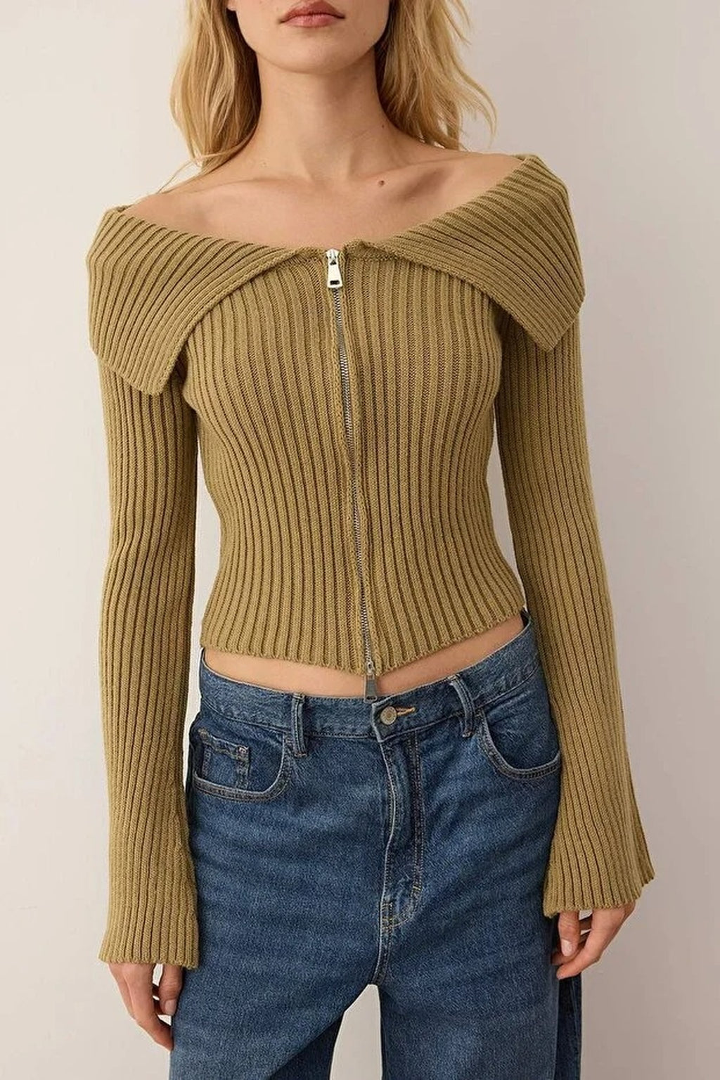 Turn-Down Collar Double Zippered Knit Cardigan