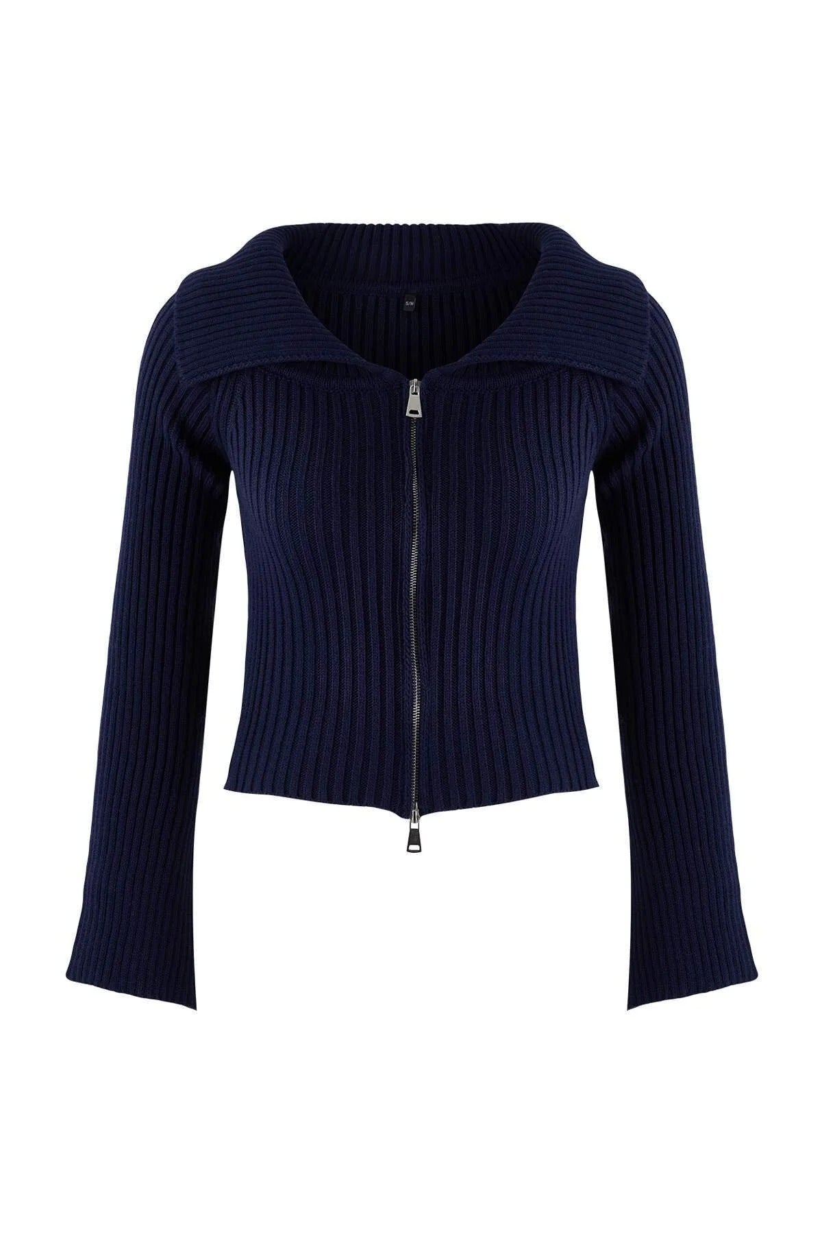 Turn-Down Collar Double Zippered Knit Cardigan