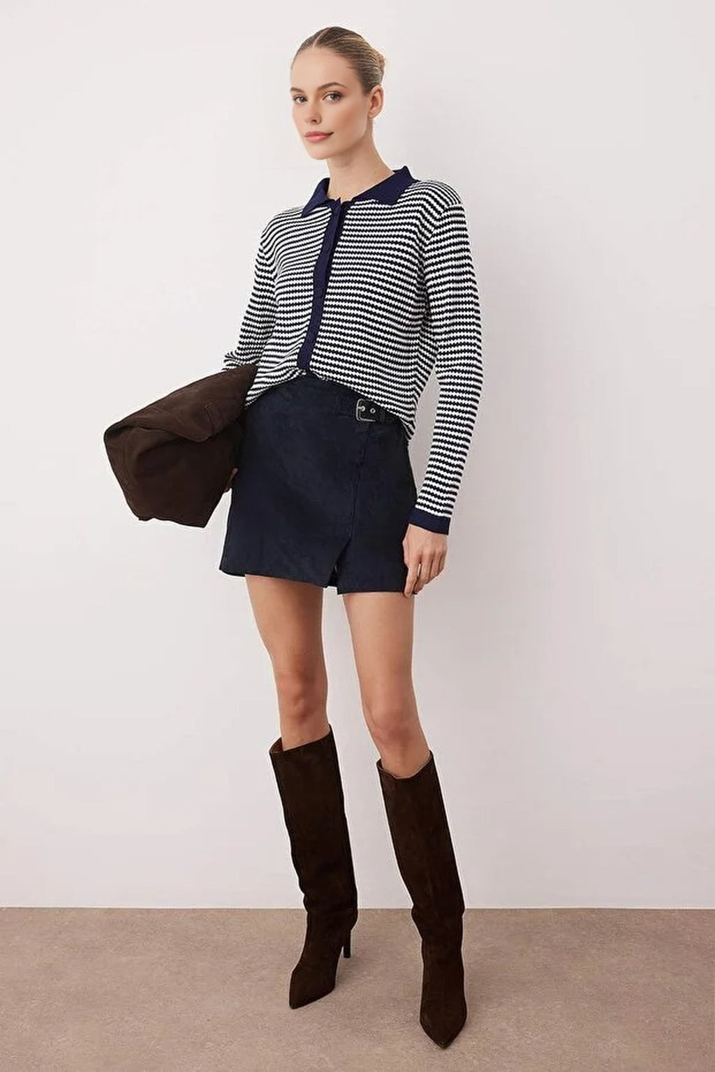 Striped Polo Neck Knit Cardigan