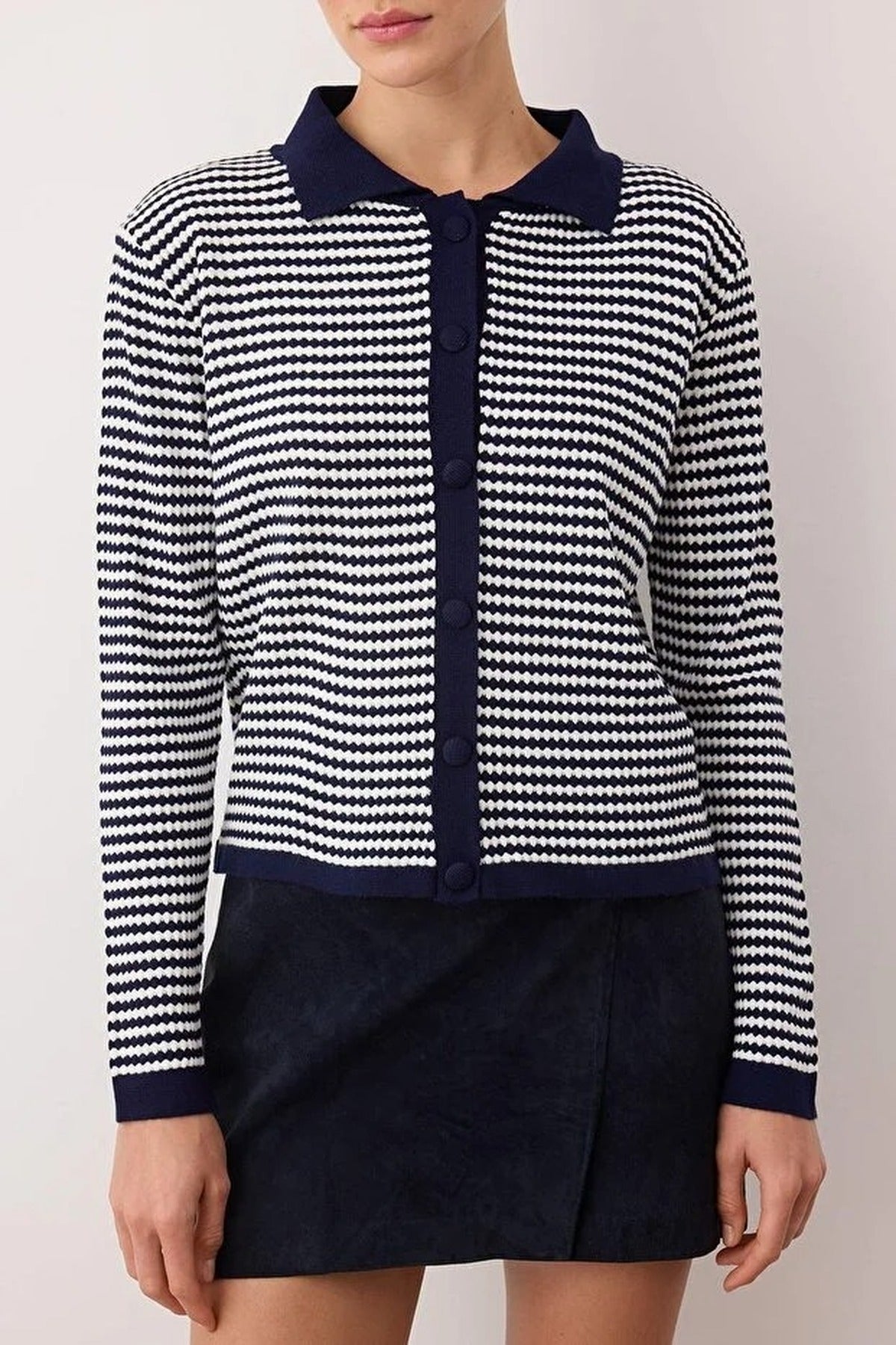 Striped Polo Neck Knit Cardigan