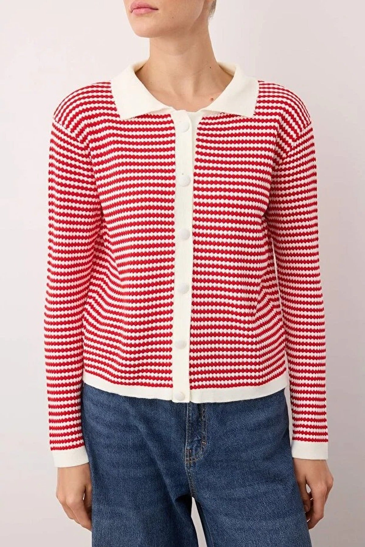 Striped Polo Neck Knit Cardigan