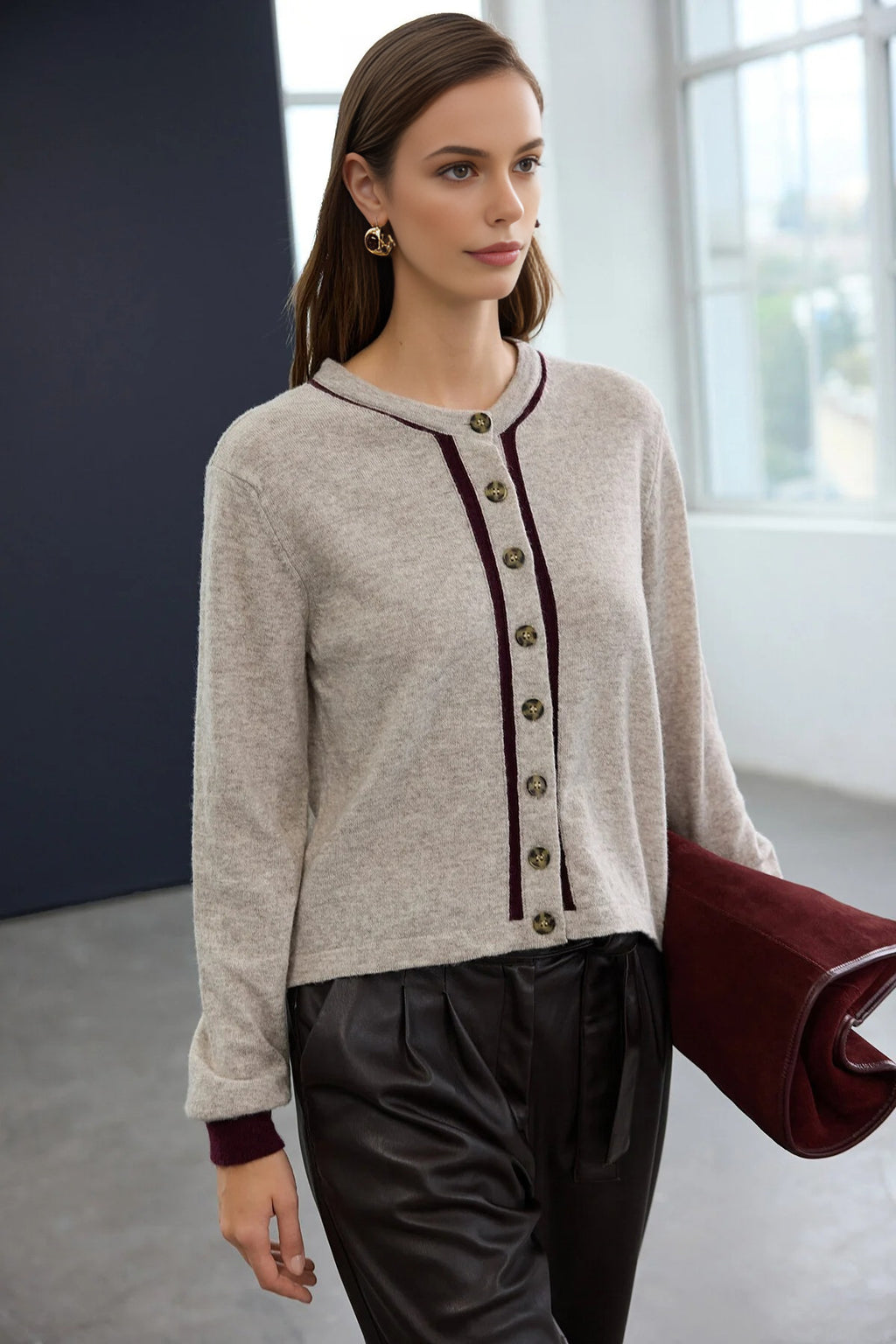 Woolen Knit Cardigan with Piping Detail