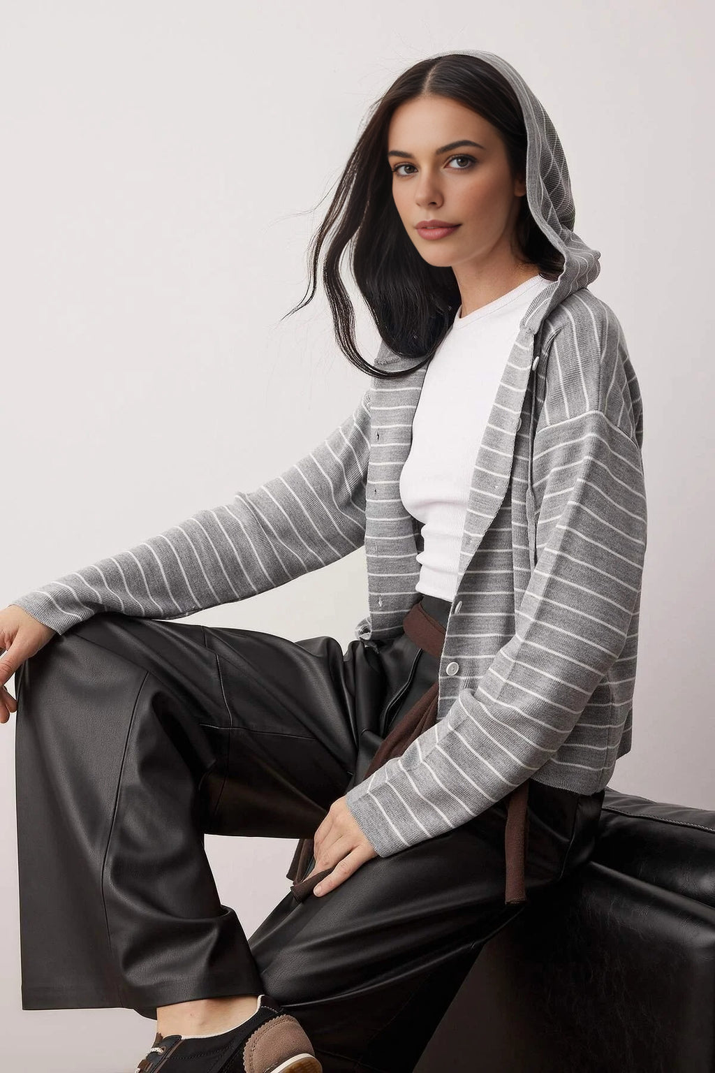 Striped Hooded Knit Cardigan